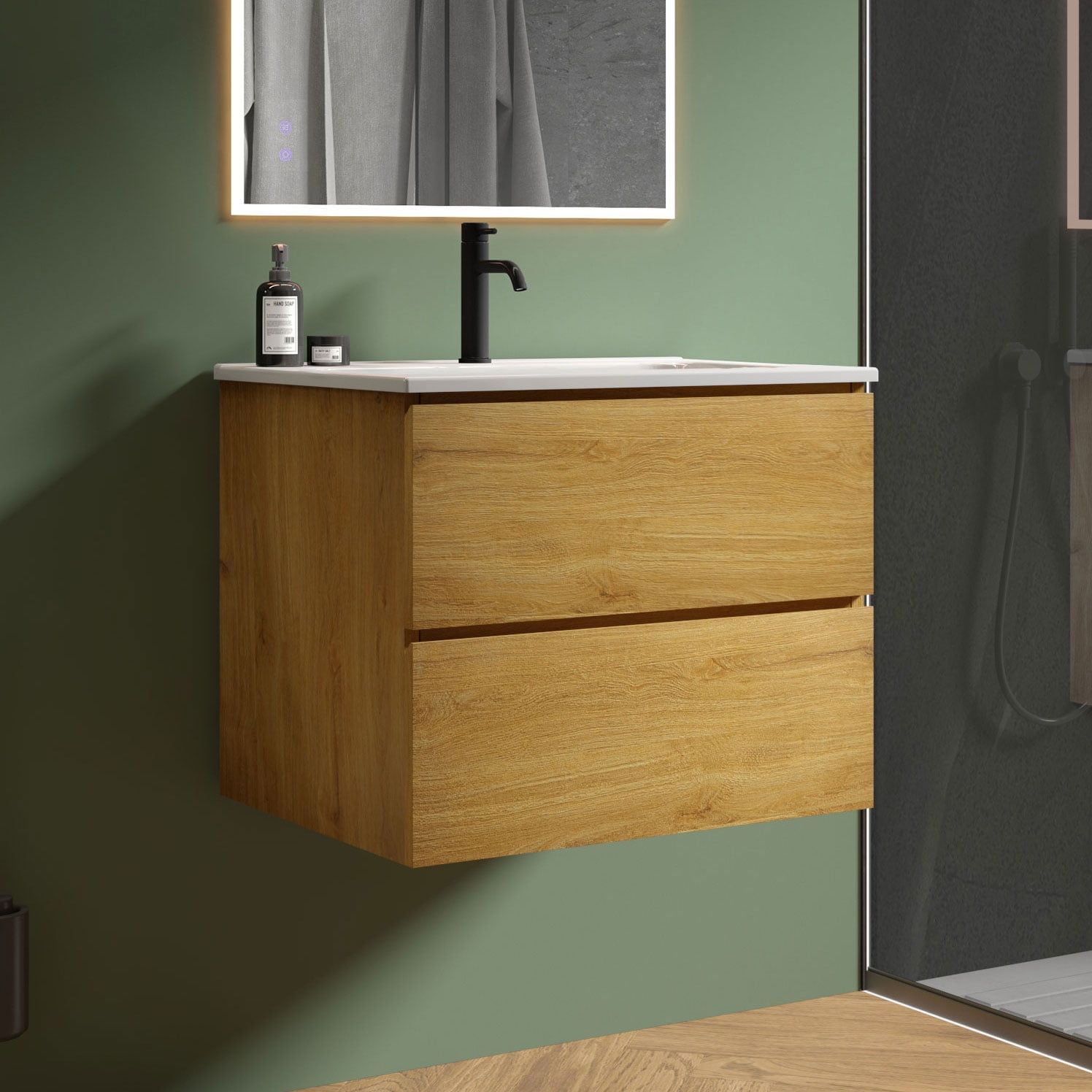 Natural Oak 24" Floating Bathroom Vanity with Ceramic Sink and Double Drawers