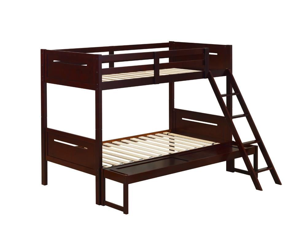 Espresso Wood Twin Over Full Bunk Bed with Headboard and Slats