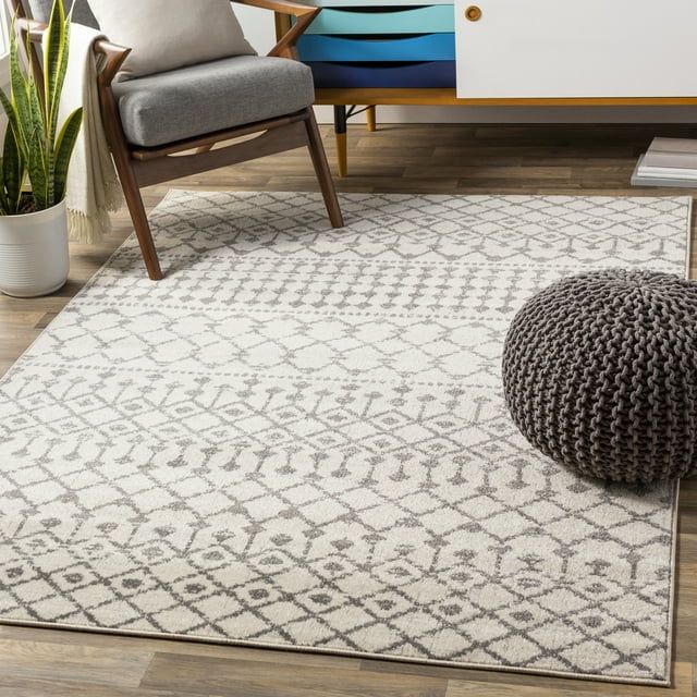 Gray and White Synthetic Rectangular Bohemian Area Rug