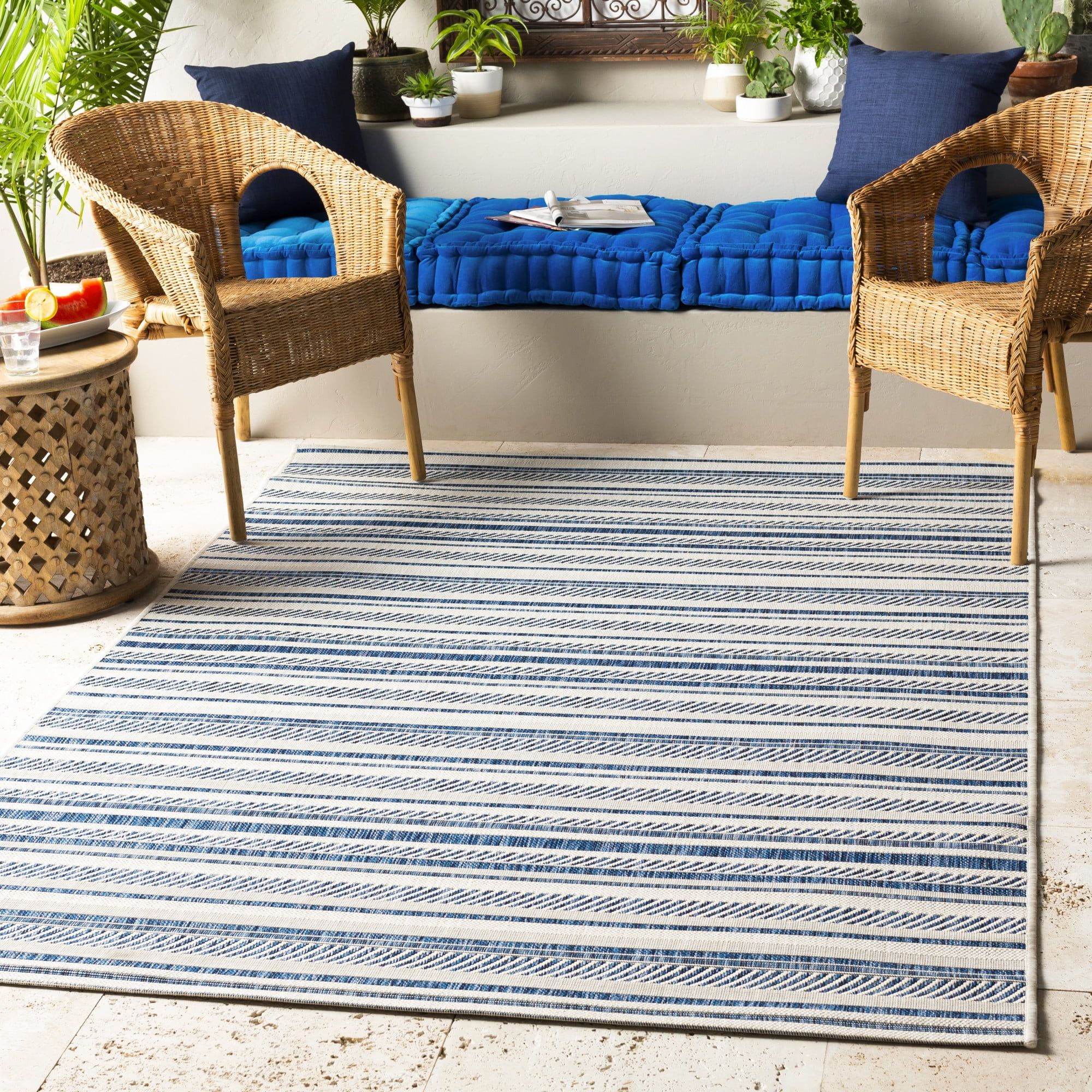 Denim Blue Striped Synthetic 10' x 14' Area Rug