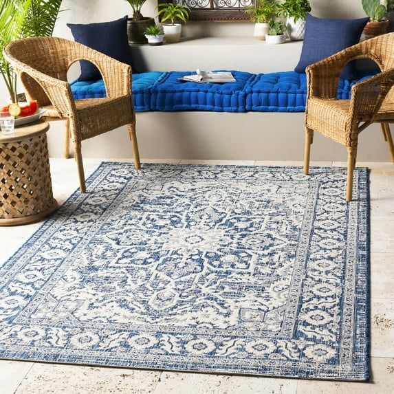 Easy-Care Denim Blue Square Outdoor Rug in Polypropylene