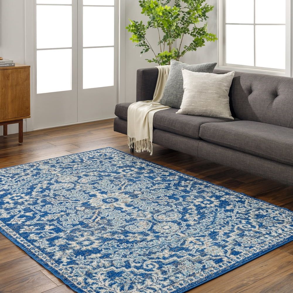 Oval Blue Synthetic Easy Care Stain-resistant Area Rug