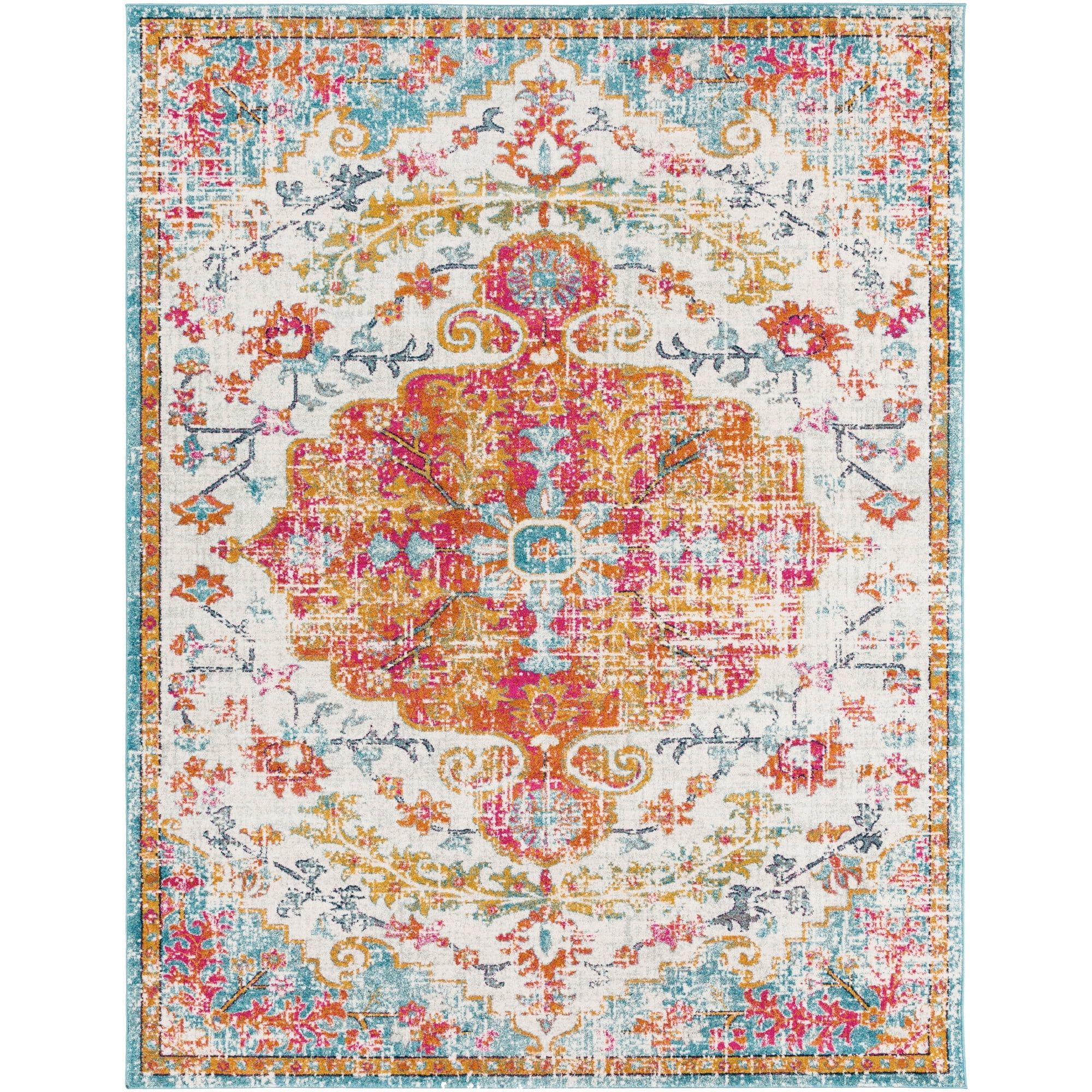 Odelia Orange and Aqua Vintage Medallion Area Rug 7'10" x 10'2"