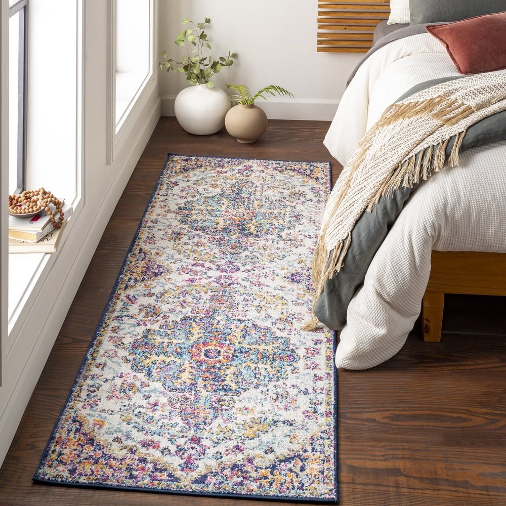 Dark Blue Distressed Medallion Runner Rug, 2'7" x 7'3", Polypropylene
