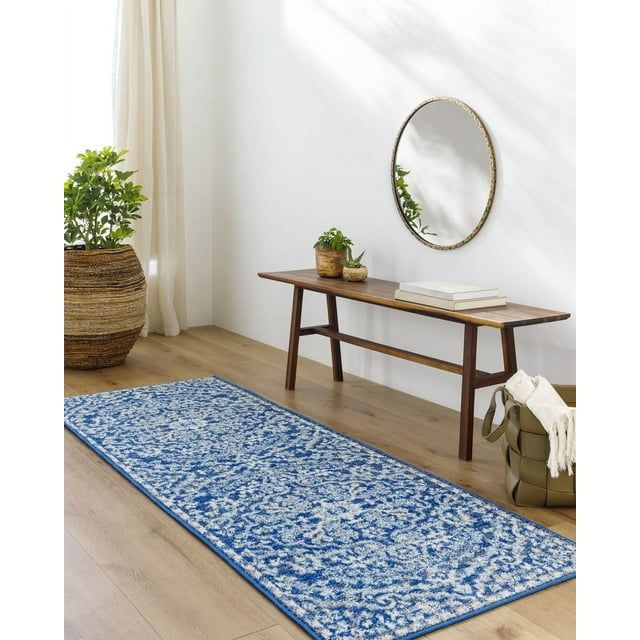 Navy and Teal Synthetic Oriental Runner Rug, 2'7" x 7'3"