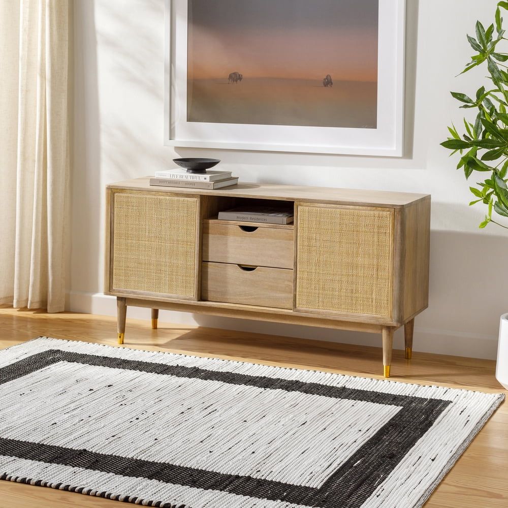 Ivory and Black Rectangular Cotton Area Rug, 8' x 10'