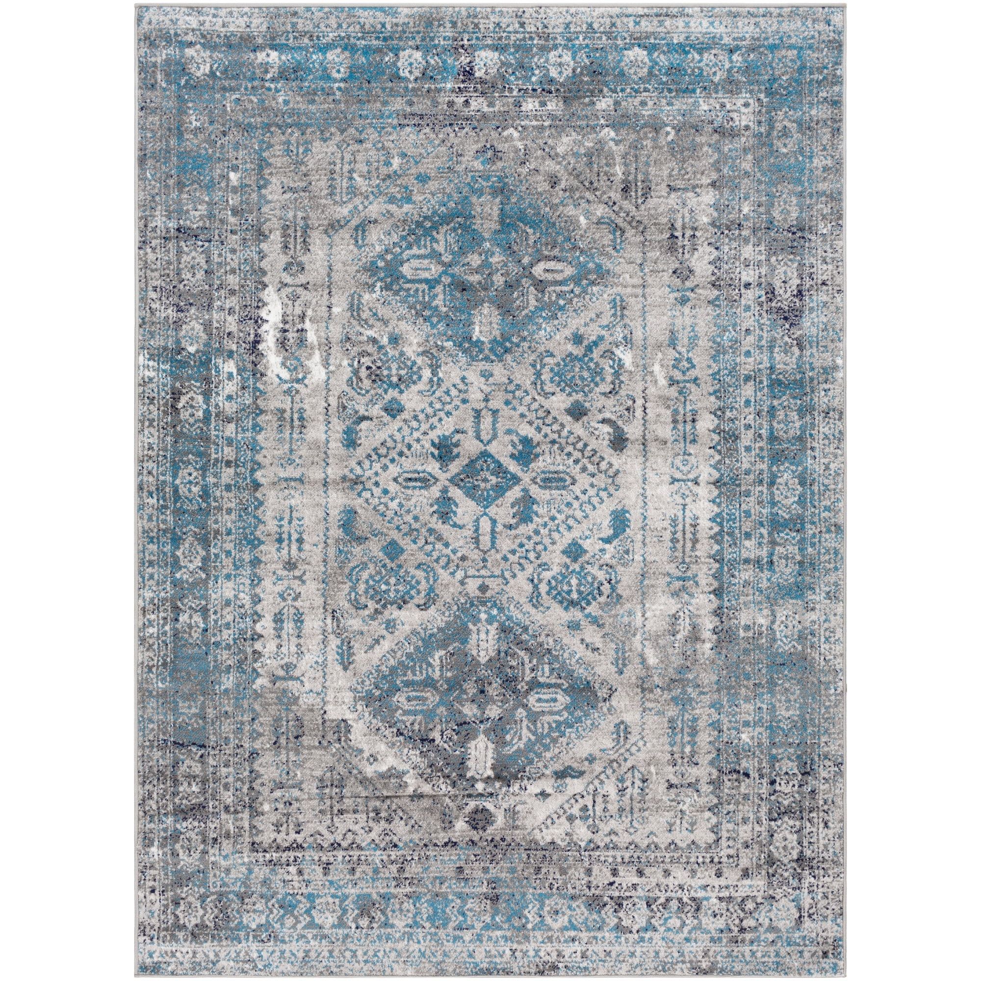 Elysian Blue-Grey Oriental Synthetic Area Rug, 5' x 7'