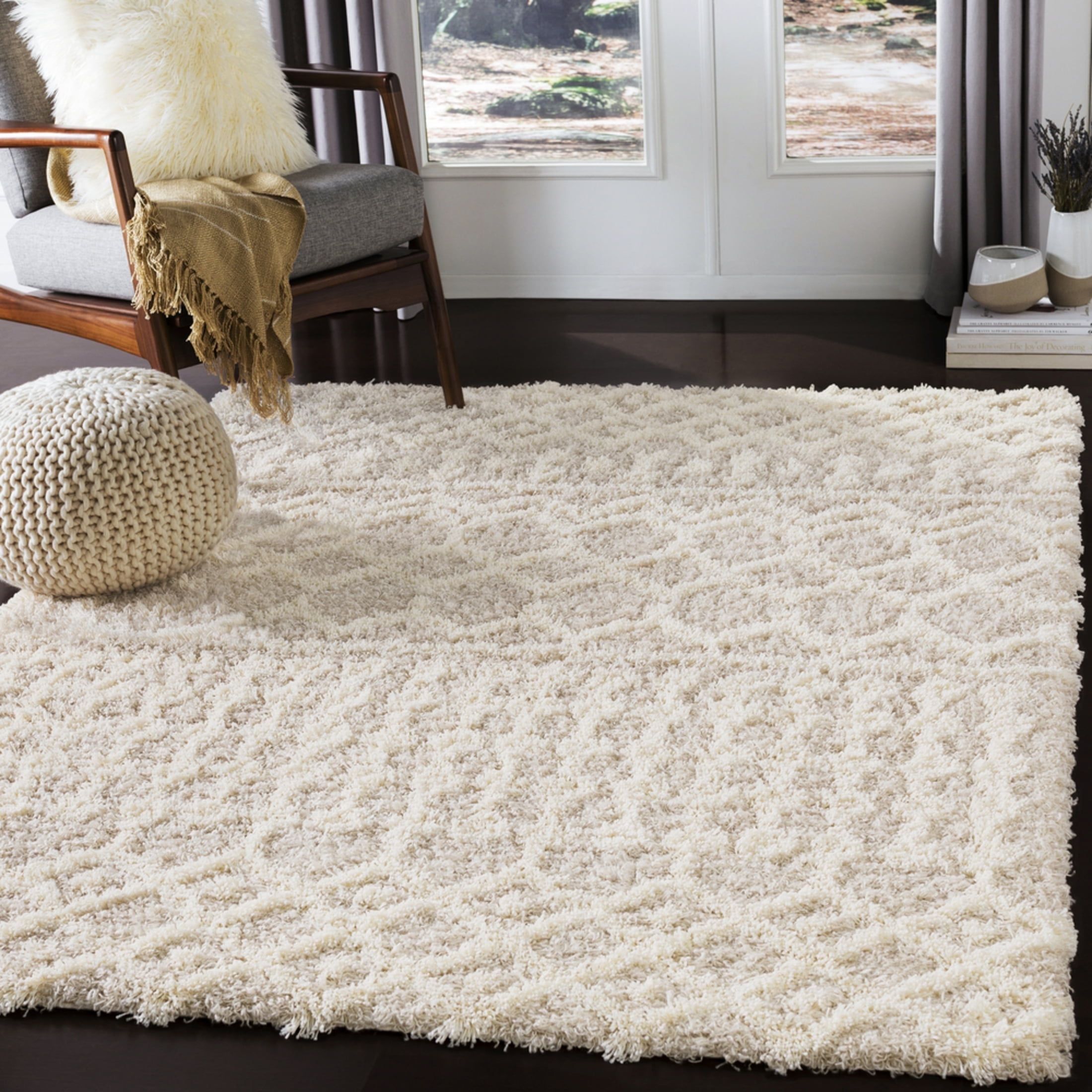 Beige Plush Shag Rectangular Area Rug, 2' x 3'
