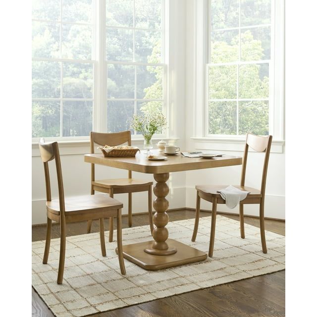 Tan Ash Wood Veneer Square Dining Table with Pedestal Base