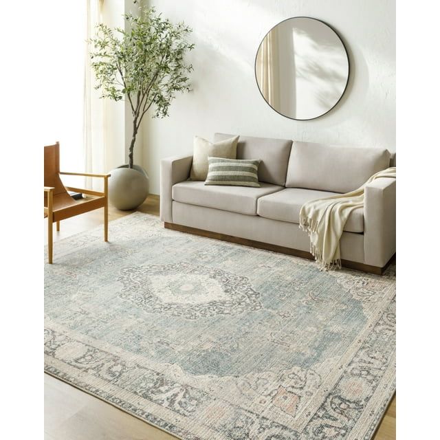 Vintage Blue and Cream Synthetic Rectangular Area Rug