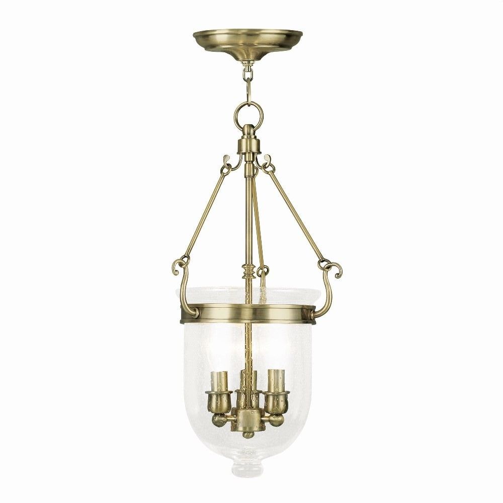 Antique Brass Seeded Glass 3-Light Jar Pendant for Indoor/Outdoor