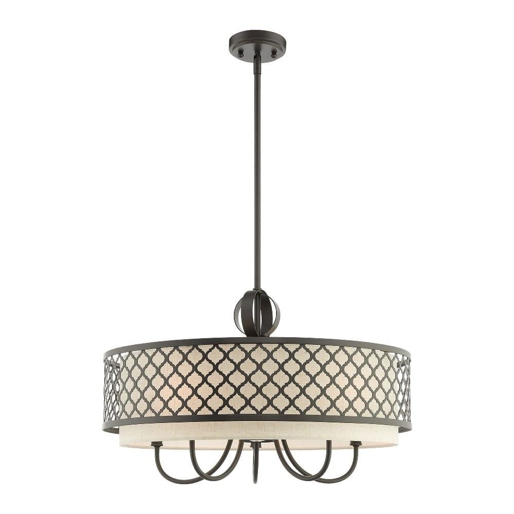 English Bronze 24" Drum Chandelier with Off-White Shade