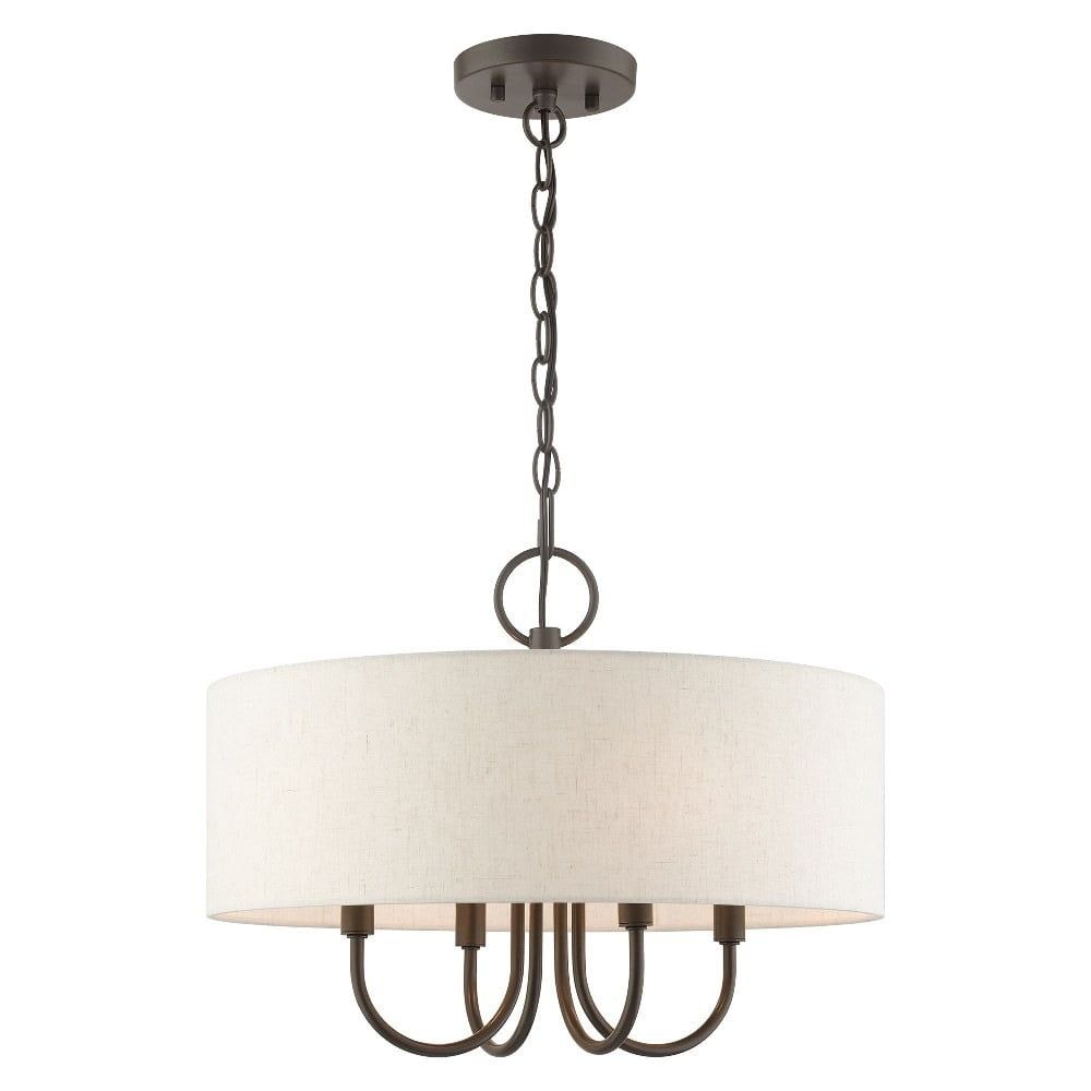 Mini Bronze Drum 4-Light Pendant Chandelier with Oatmeal Shade