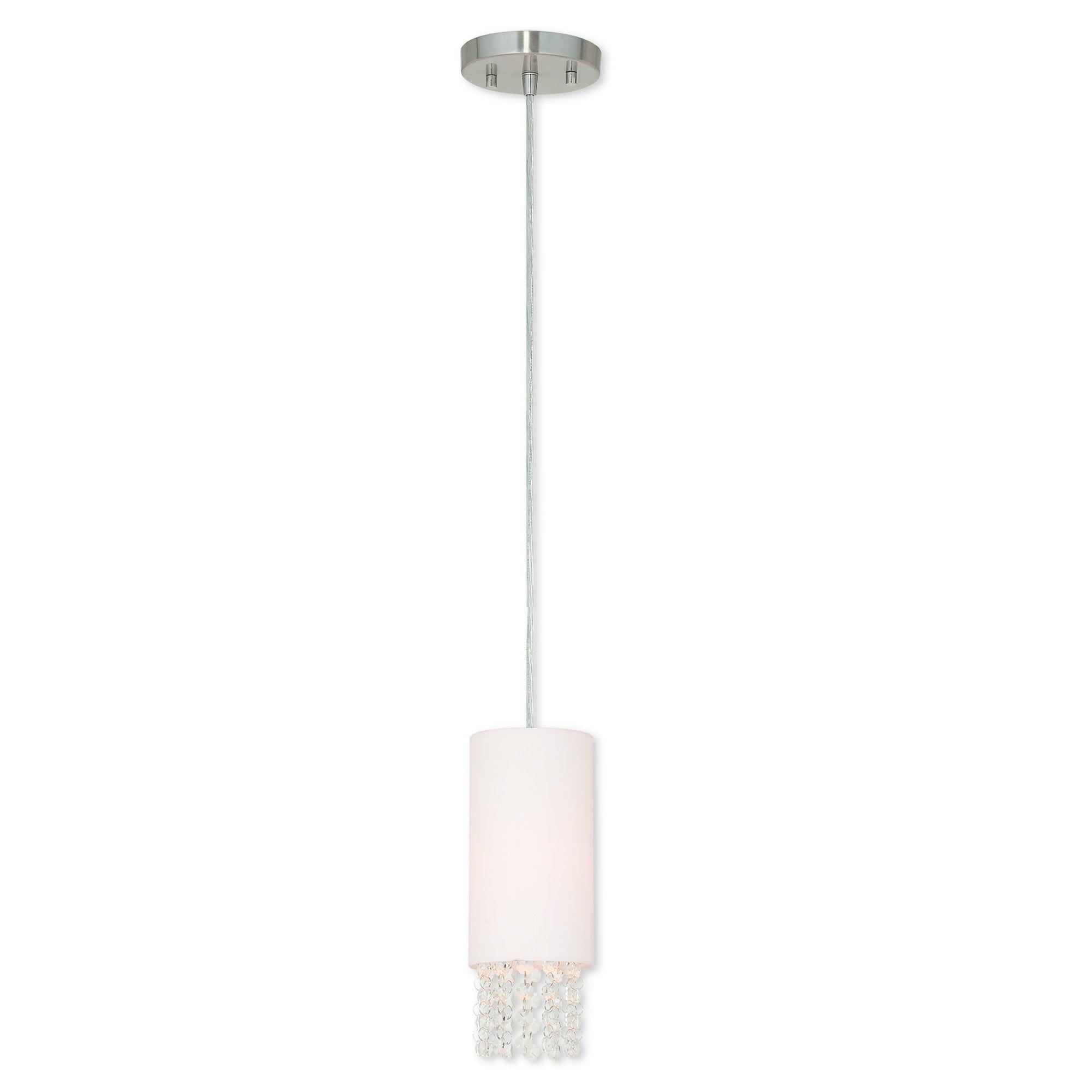 Carlisle Mini Brushed Nickel Pendant with Off-White Fabric Shade and Clear Crystals