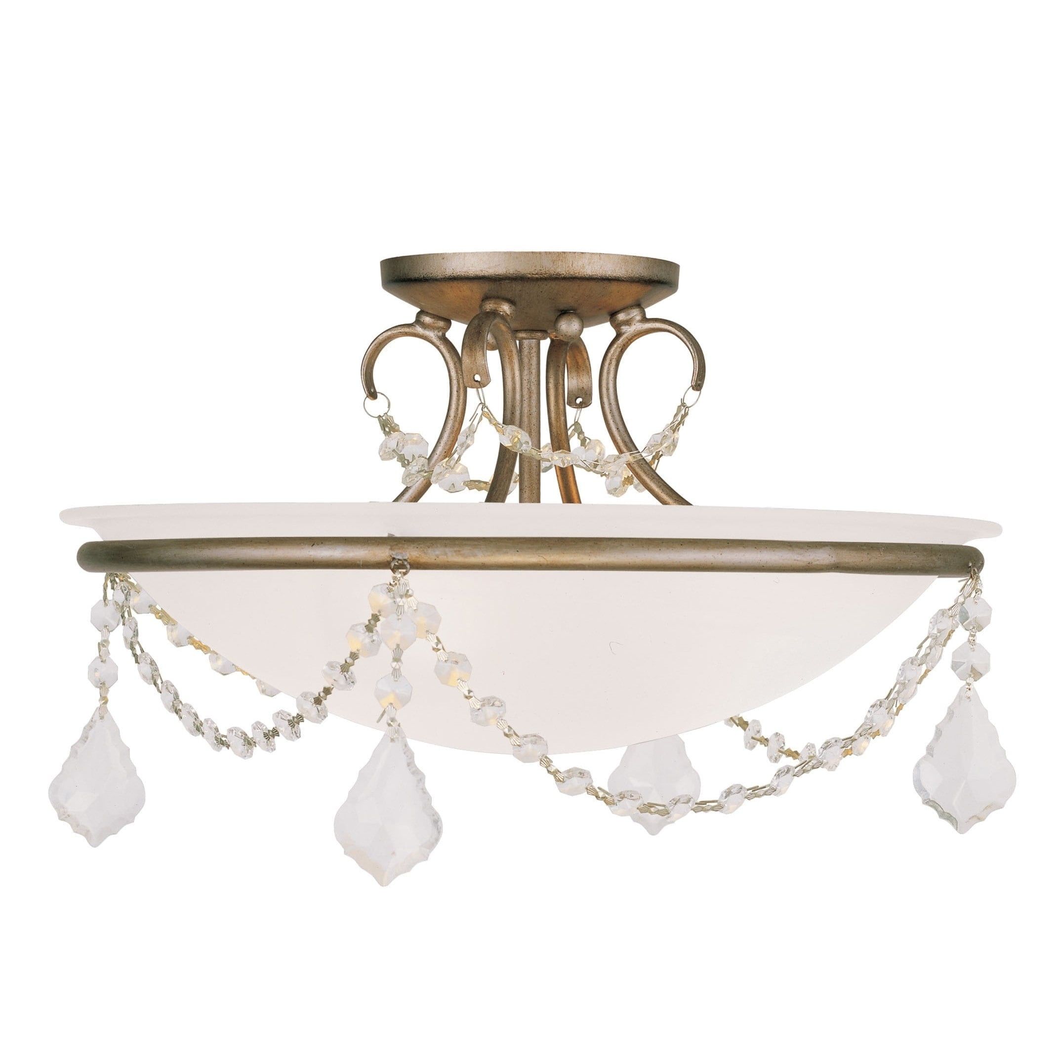 Antique Silver Leaf 3-Light Semi Flush Mount with Alabaster Glass