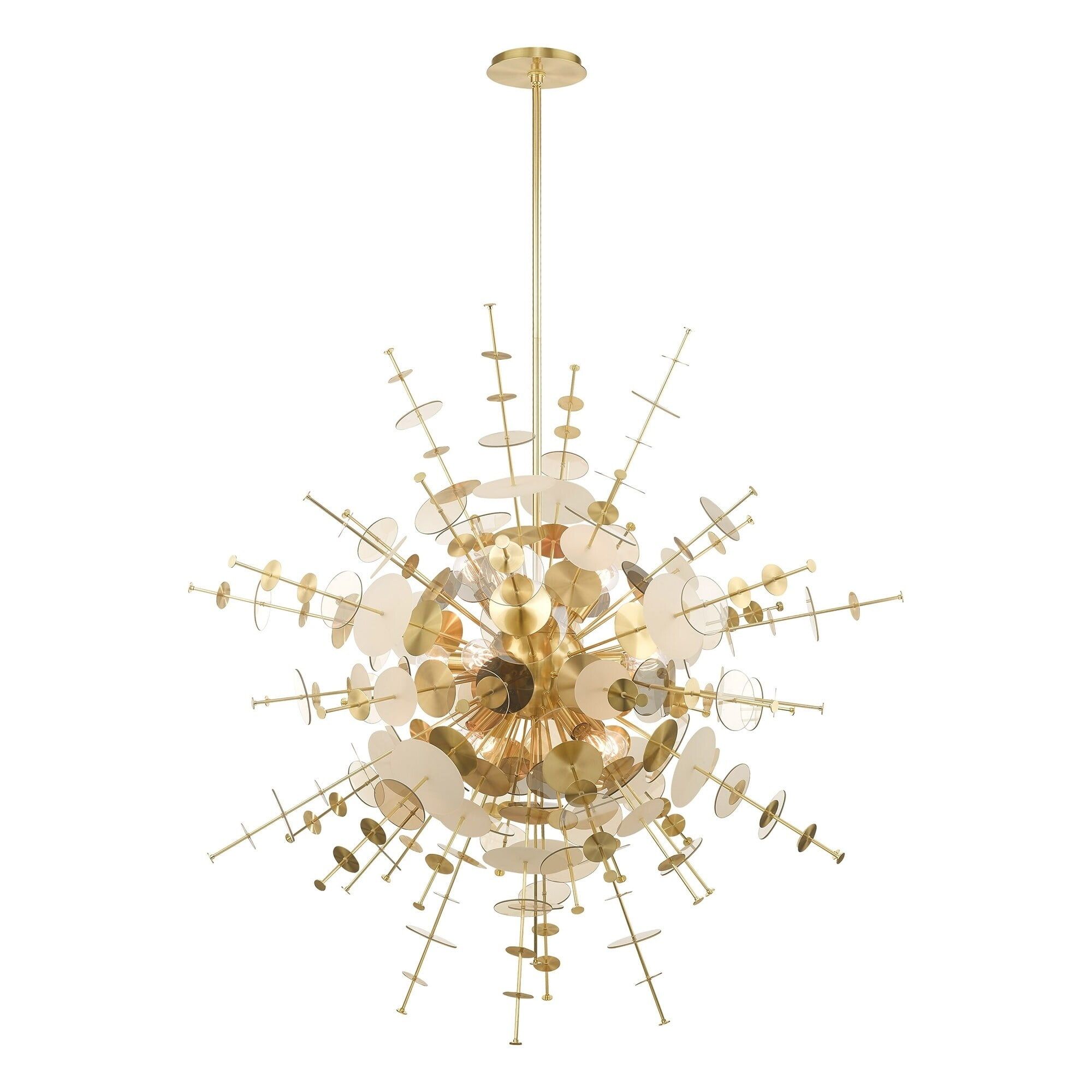 Elegante Satin Brass 12-Light Foyer Pendant with Geometric Glass Discs