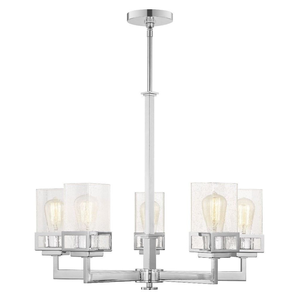 Elegant Polished Chrome 5-Light Chandelier with Seeded Glass Shades