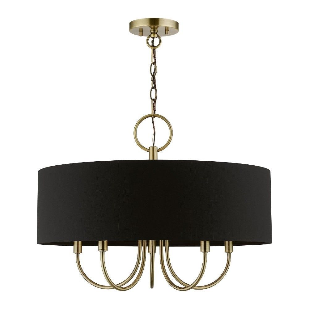 Antique Brass 5-Light Drum Pendant with Black Fabric Shade