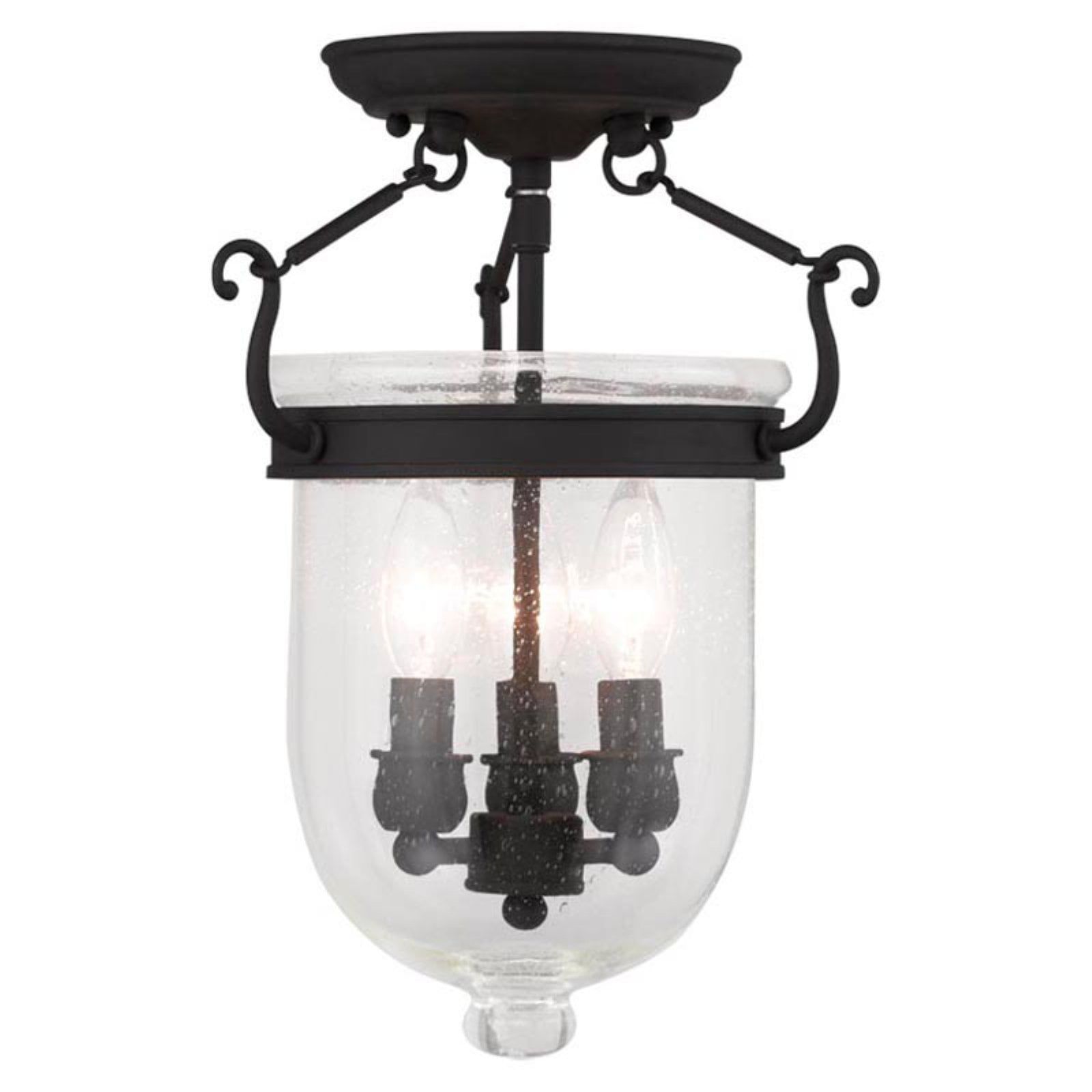 Jefferson Seeded Glass 3-Light Indoor/Outdoor Flush Mount in Black