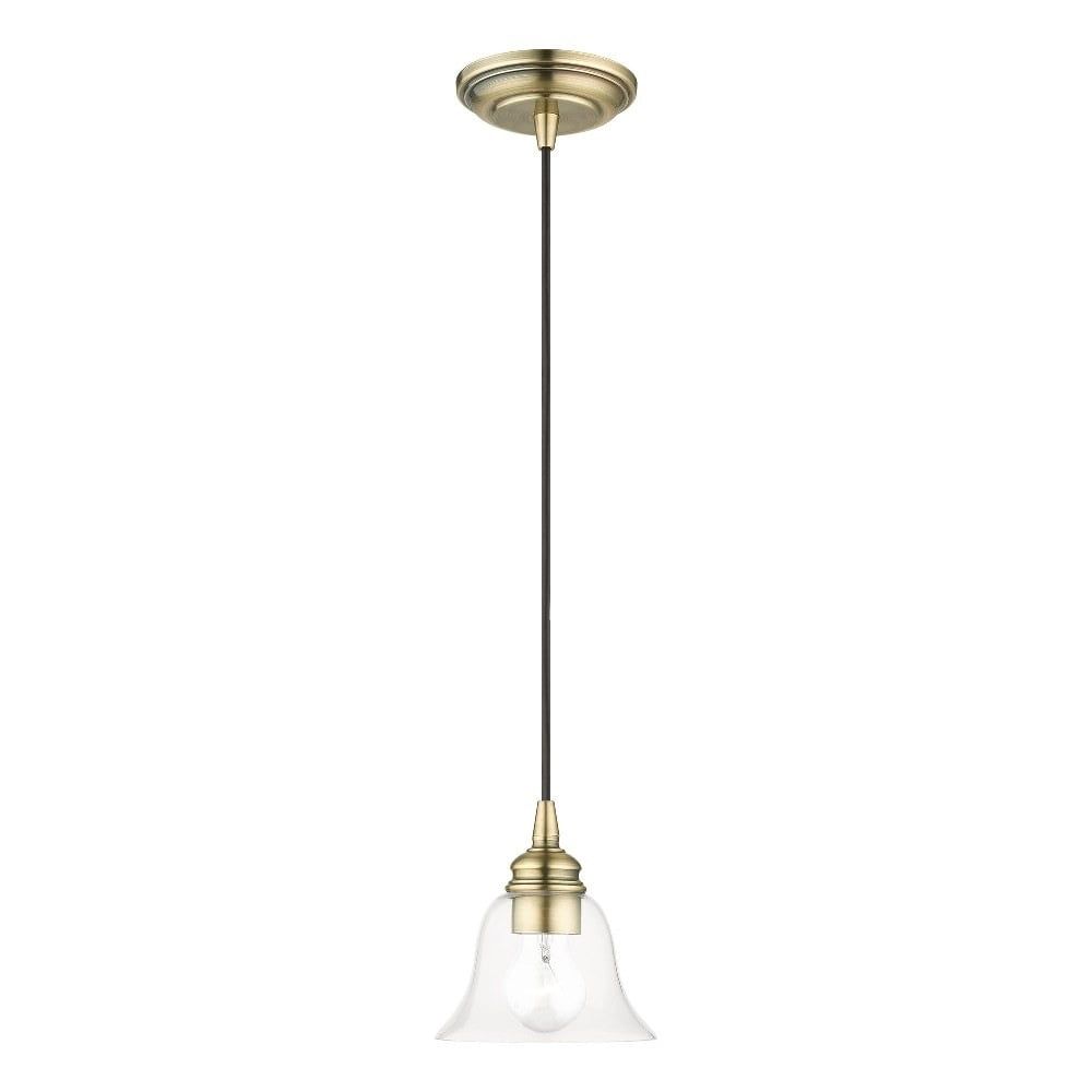 Transitional Hand-Blown Clear Glass Pendant in Antique Brass