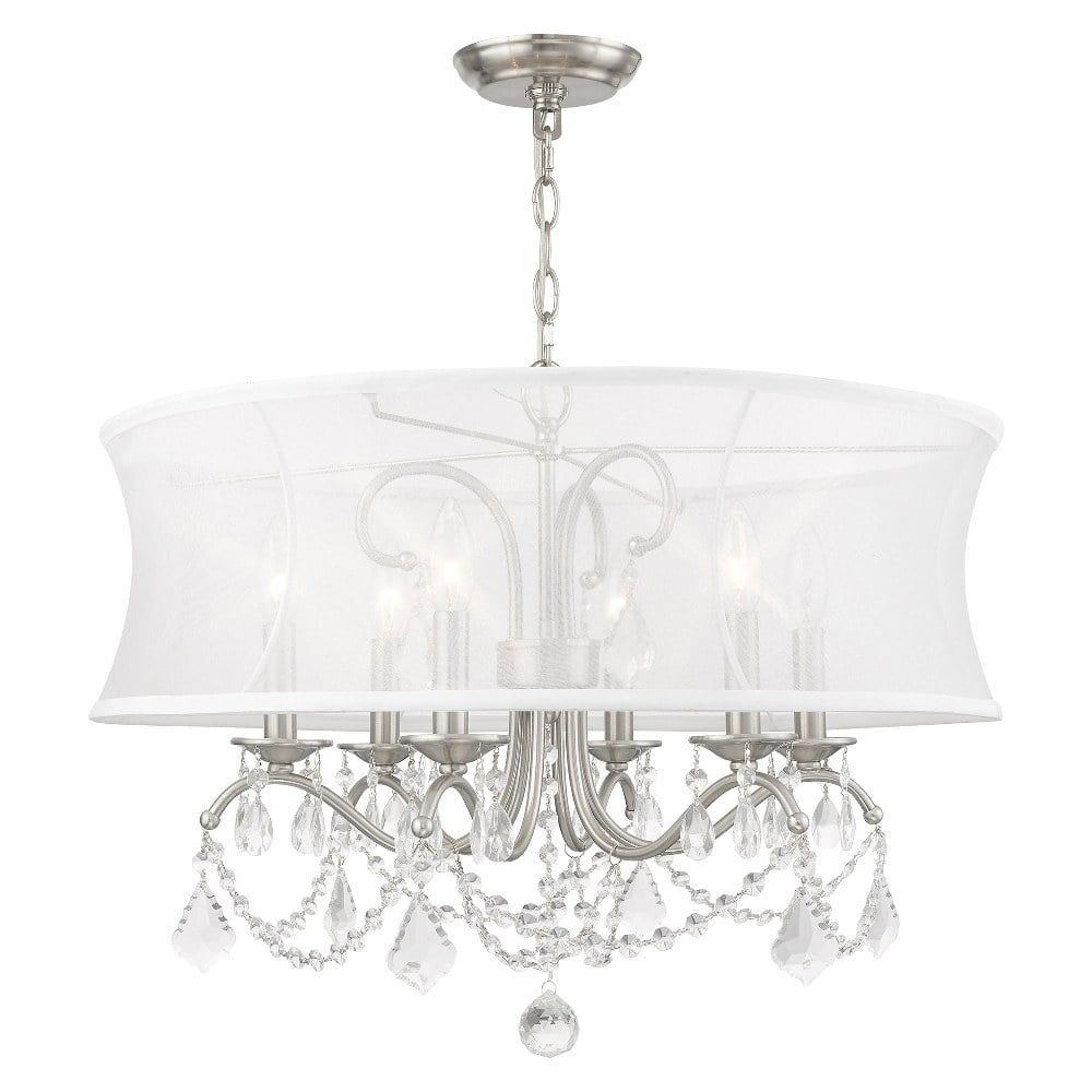 Elegance and Glamour 24" Brushed Nickel Crystal Chandelier with Silk Shimmer Shade