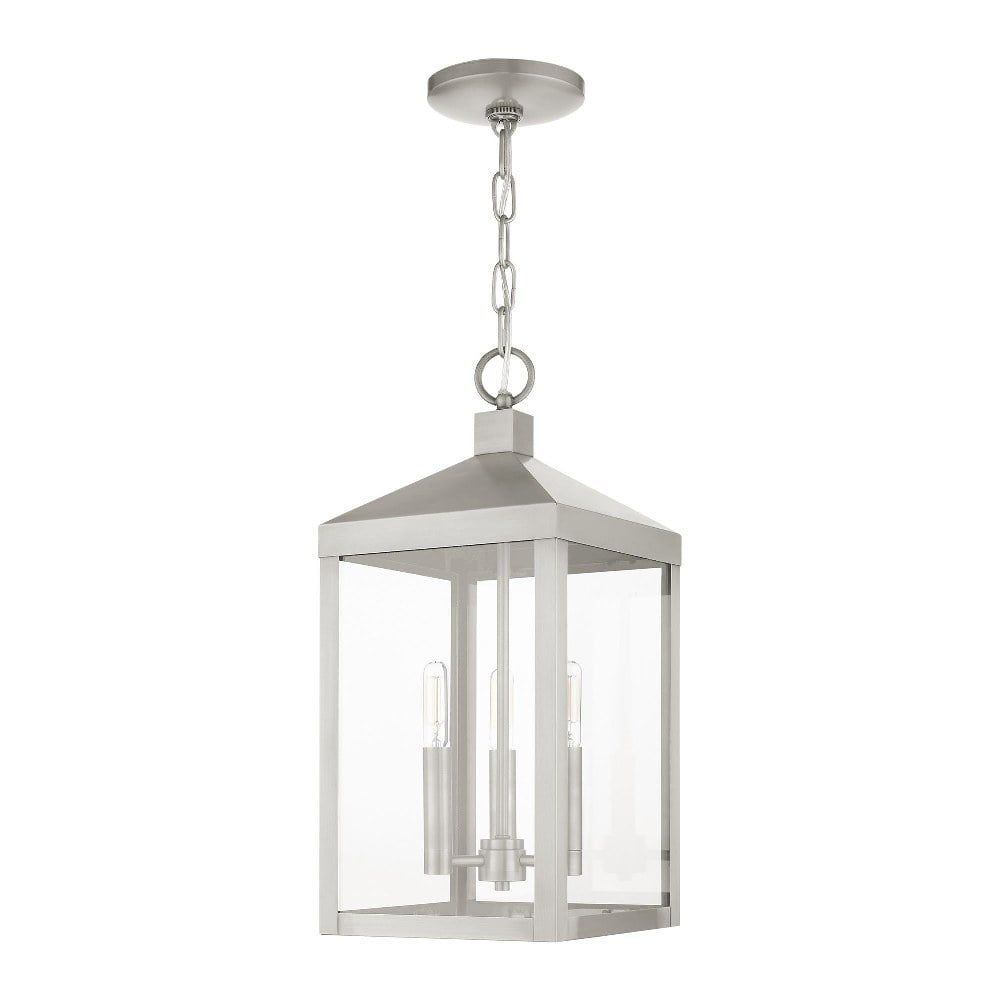 Brushed Nickel 3-Light Outdoor Pendant Lantern with Clear Glass