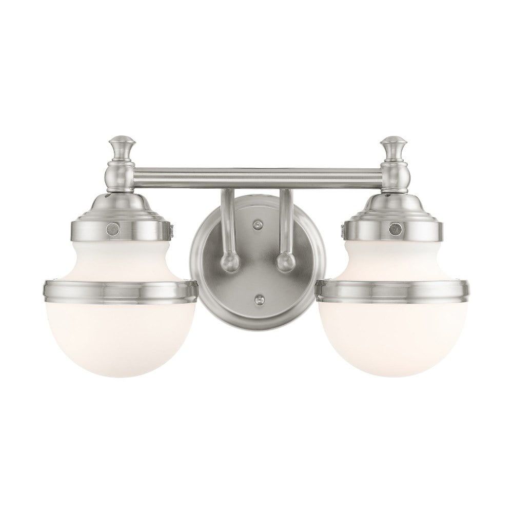 Sleek Industrial Brushed Nickel 2-Light Vanity with Satin Opal White Glass