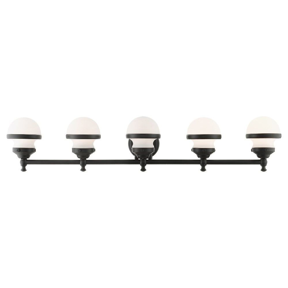 Oldwick Sleek Black 5-Light Vanity Sconce with Satin Opal White Glass