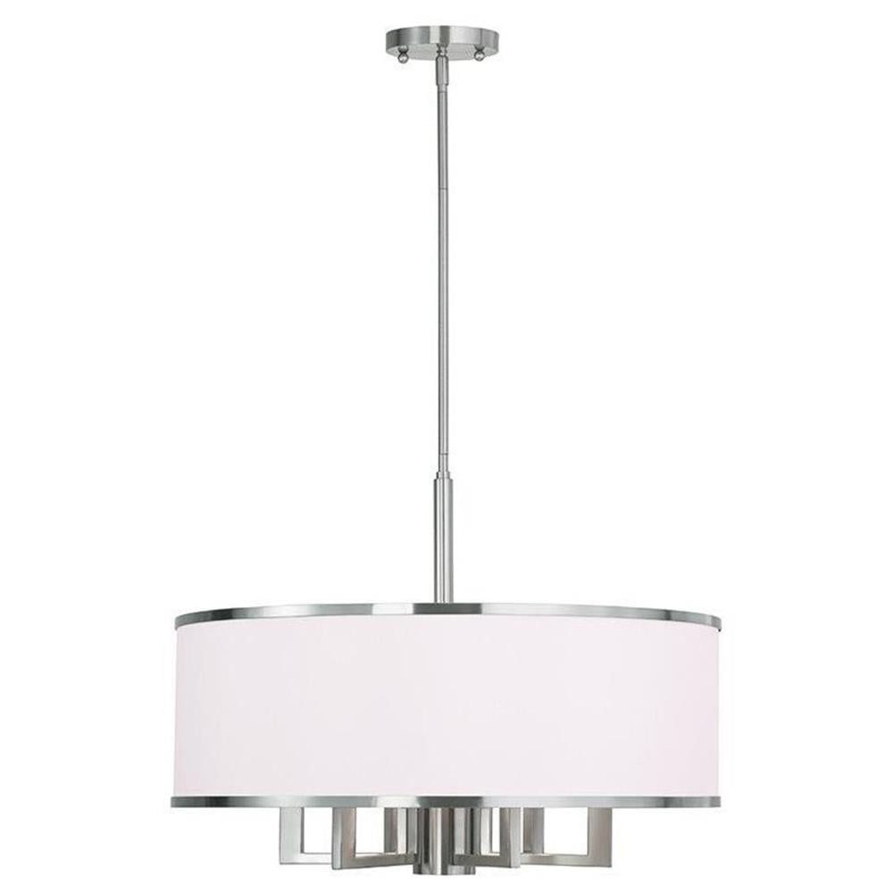Brushed Nickel 6-Light Drum Chandelier with Off-White Fabric Shade