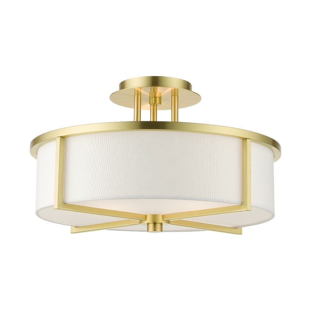 Satin Brass and Glass 3-Light Drum Semi-Flush Mount