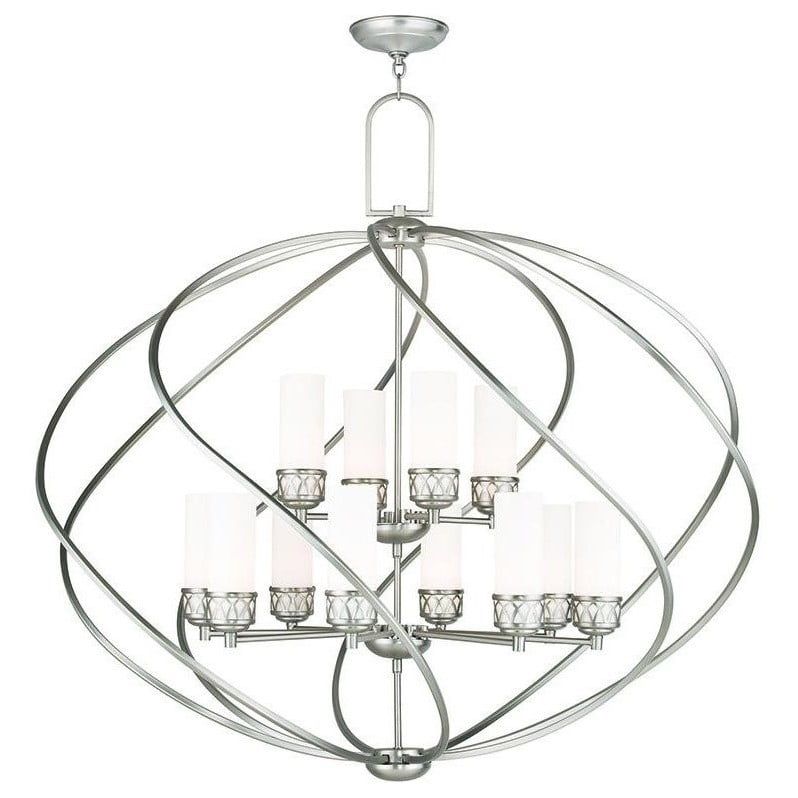 Elegant Brushed Nickel 42" Medium Cage Chandelier with Satin Opal White Glass