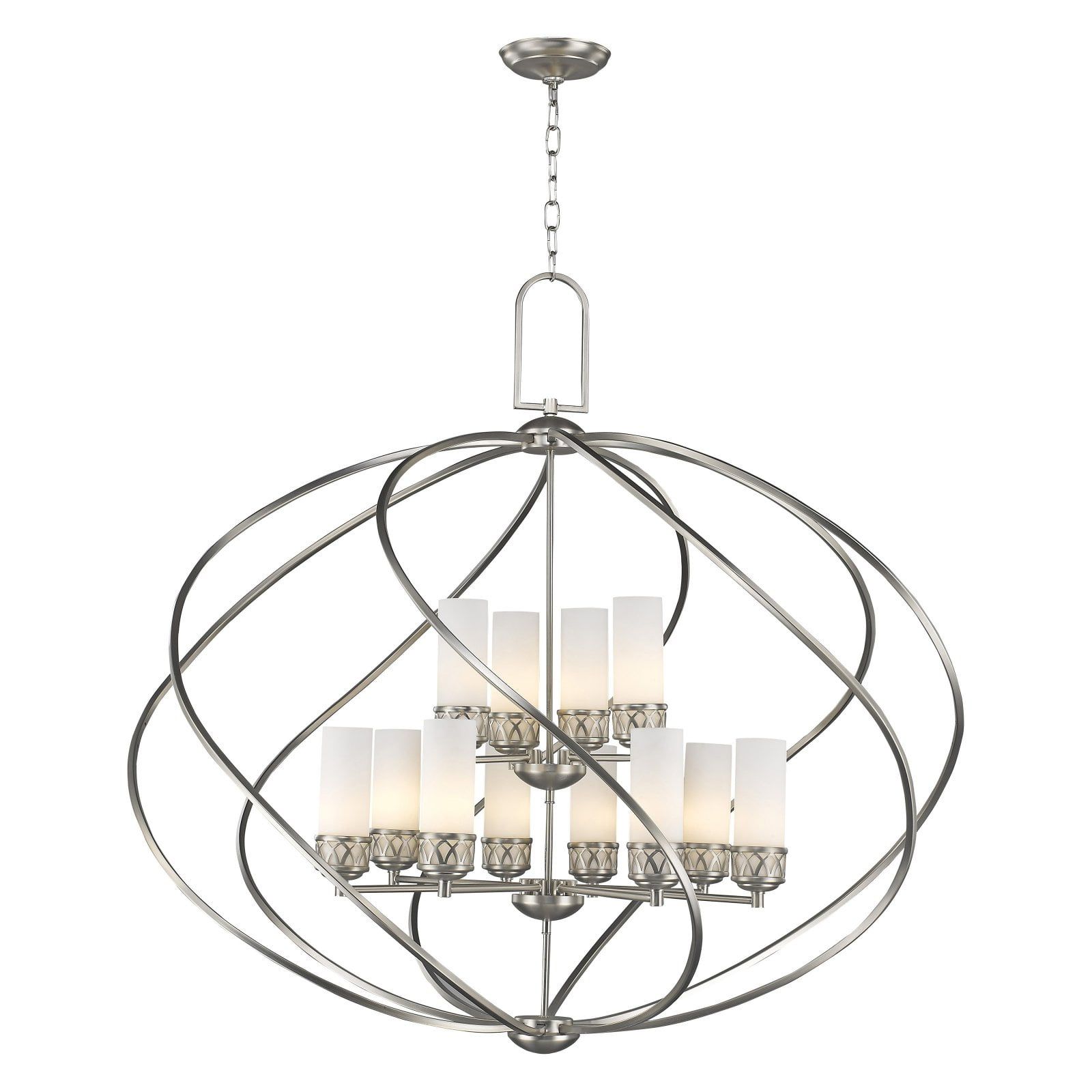 Elegant Brushed Nickel 42" Medium Cage Chandelier with Satin Opal White Glass