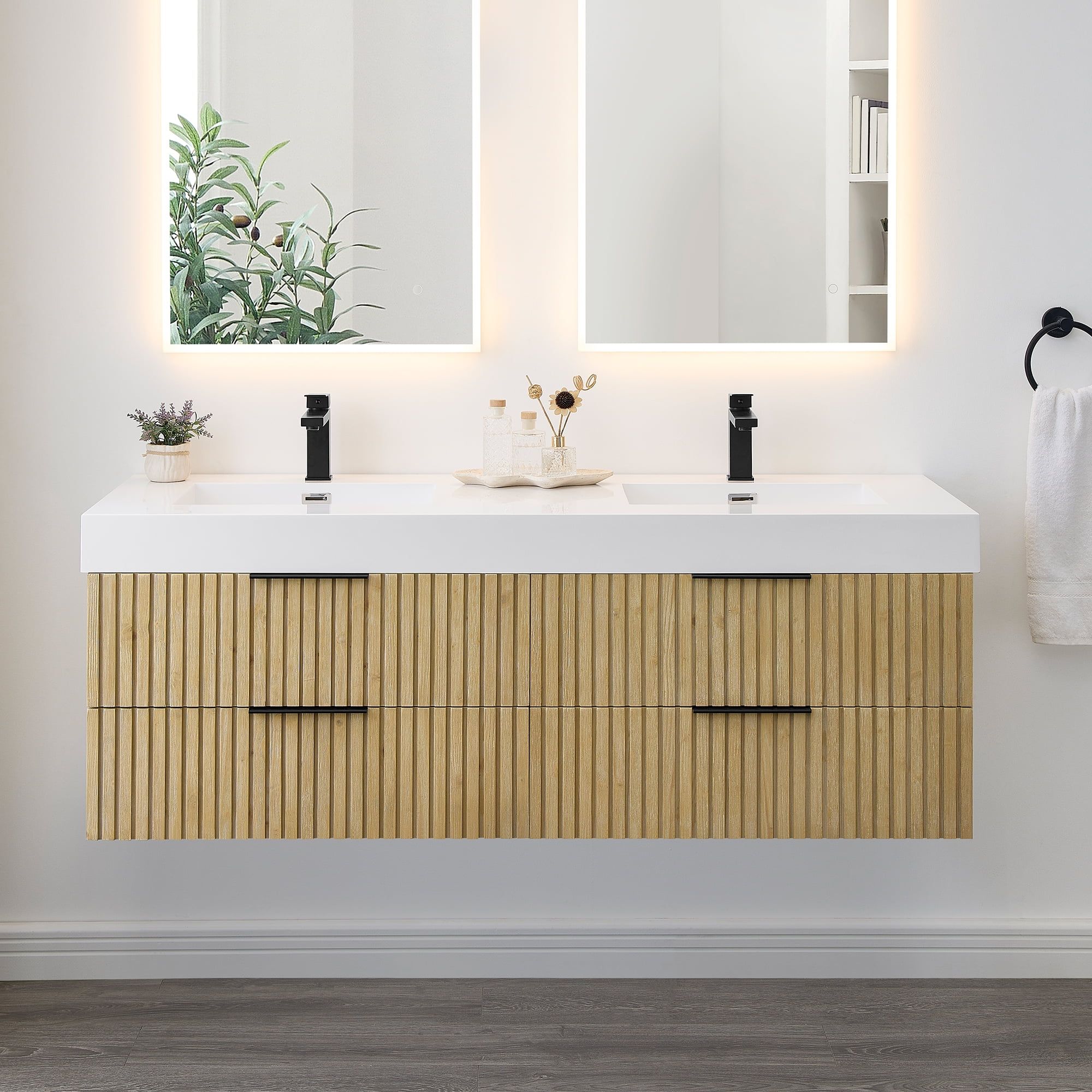 Livia 60" Nature Brown Fir Wood Wall-Mounted Vanity