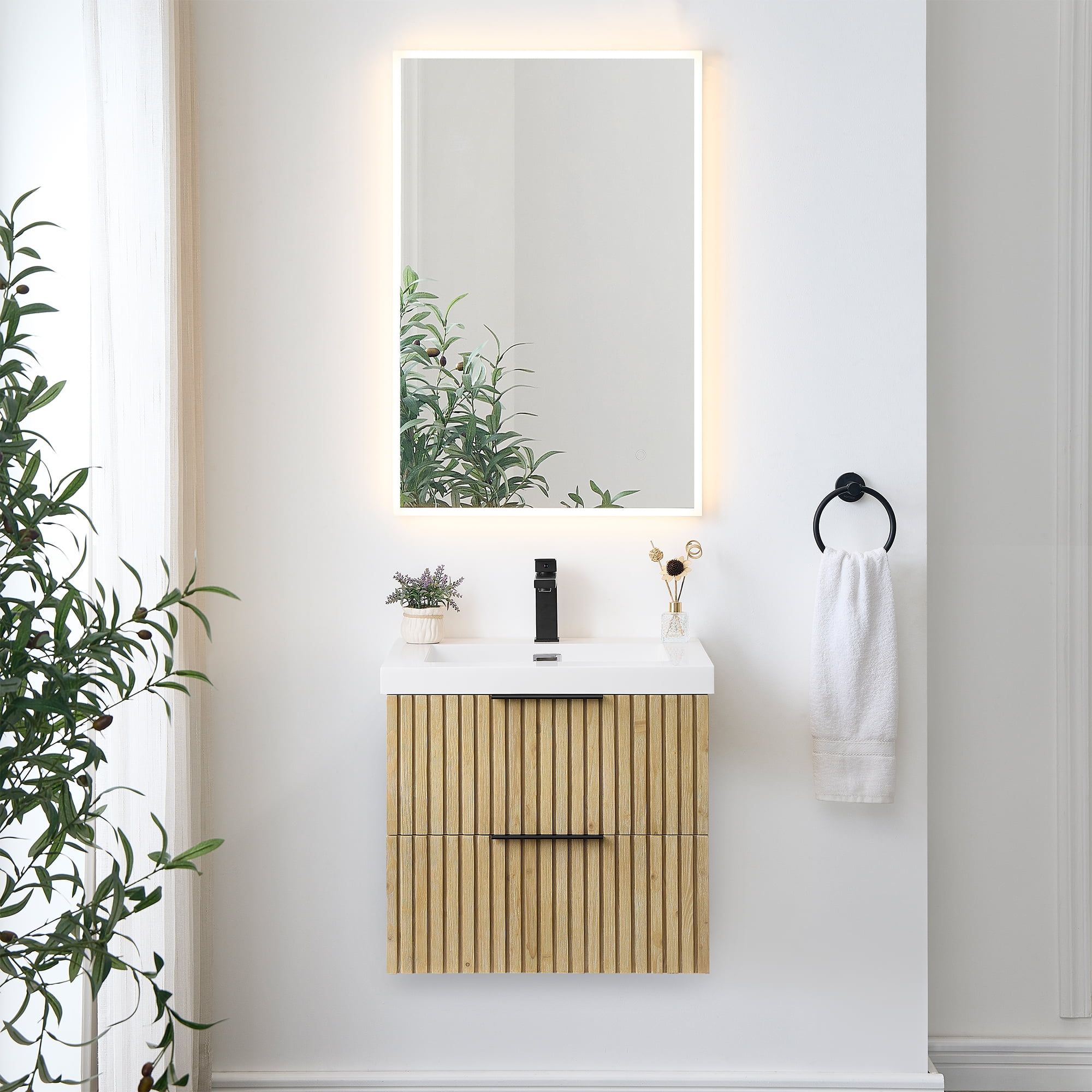 Livia 24" Nature Brown Fir Wood Wall-Mounted Vanity with White Sink and Mirror