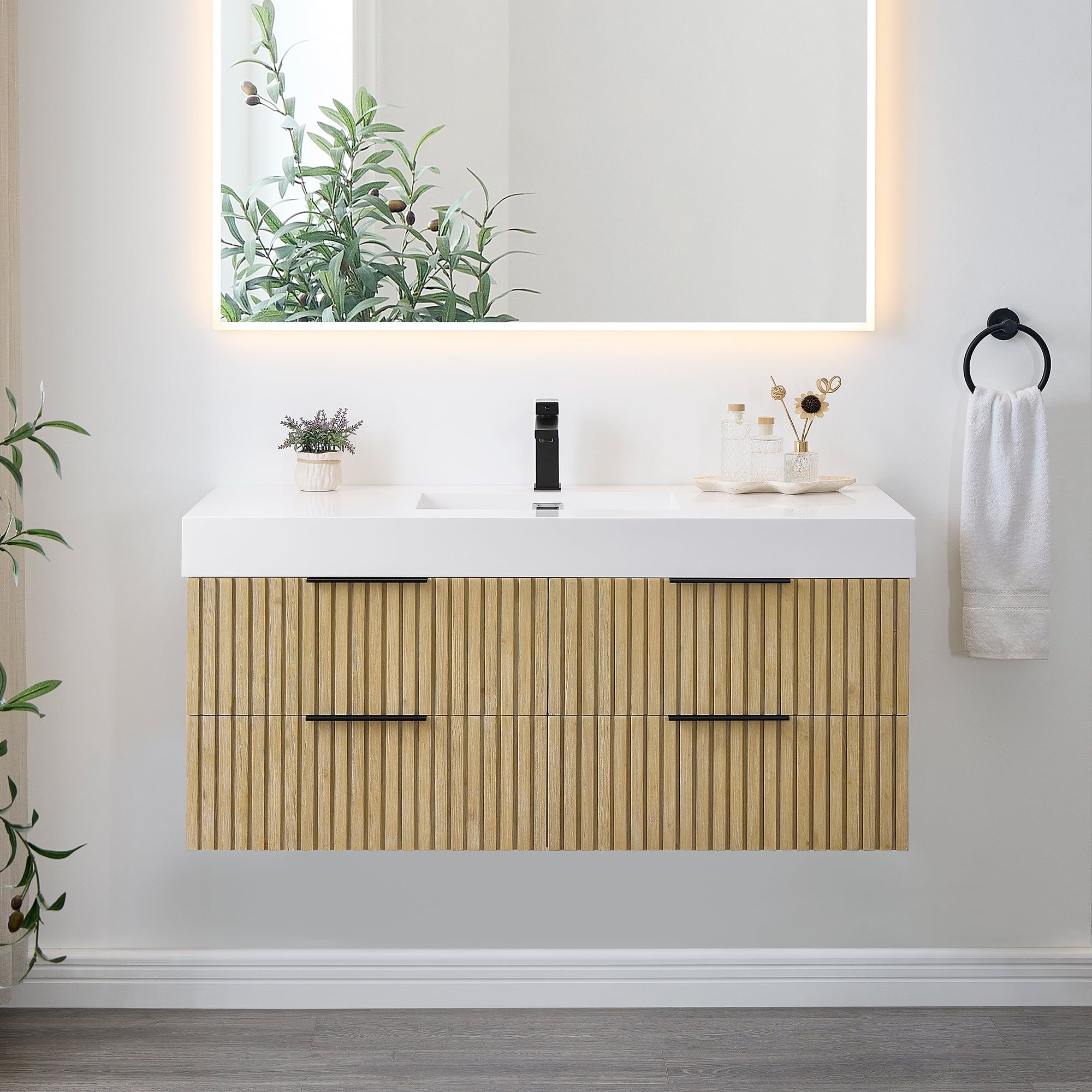 Livia 48" Nature Brown Fir Wood Wall-Mounted Vanity with White Sink