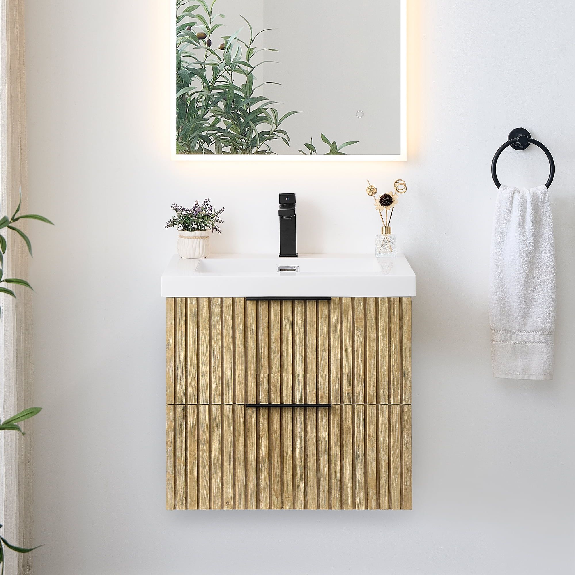 Livia 24" Nature Brown Fir Wood Wall-Mounted Vanity with White Sink