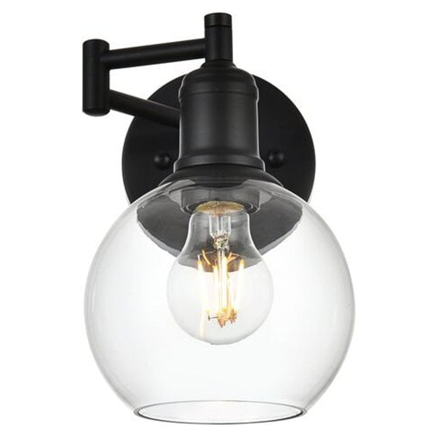 Black Metal and Clear Glass Swing Arm Wall Sconce