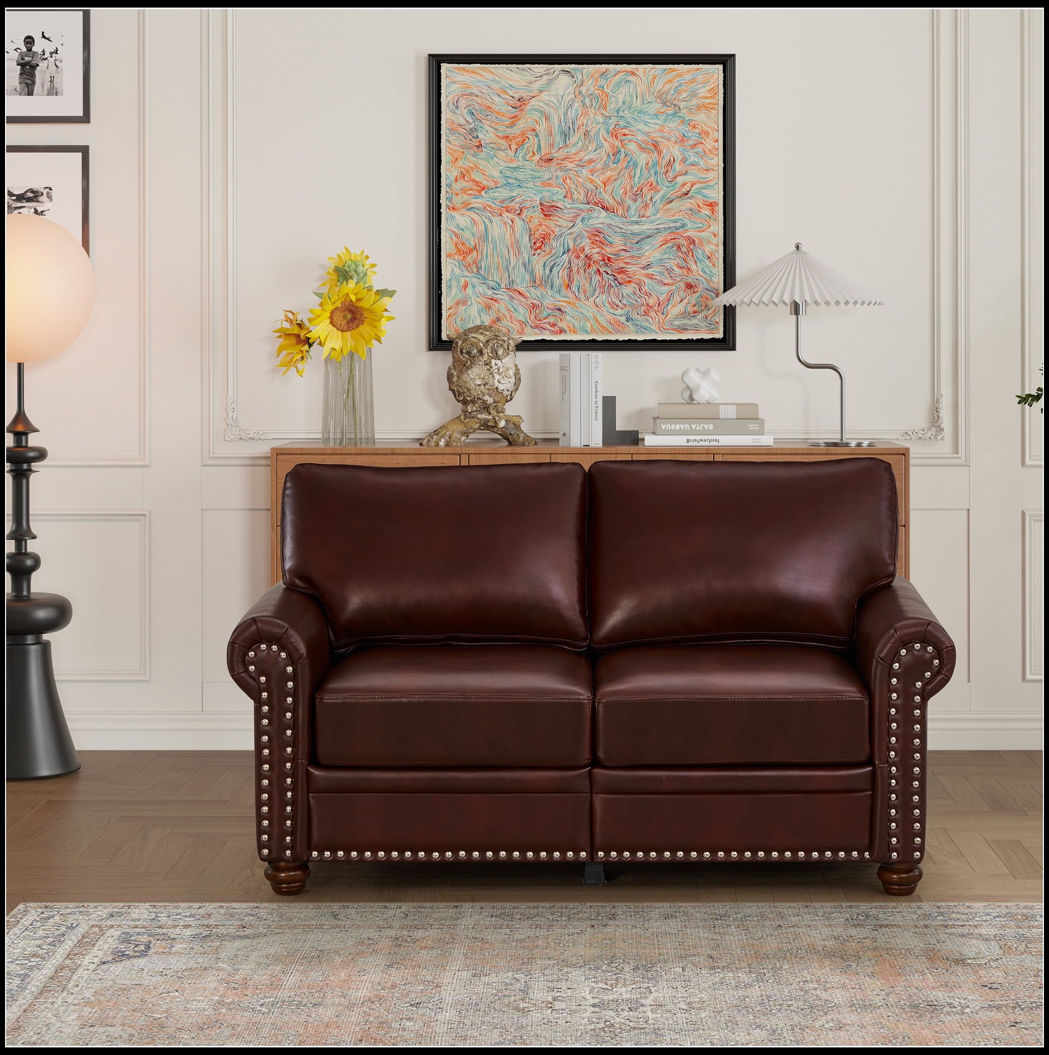 Burgundy Faux Leather Loveseat with Nailhead Trim