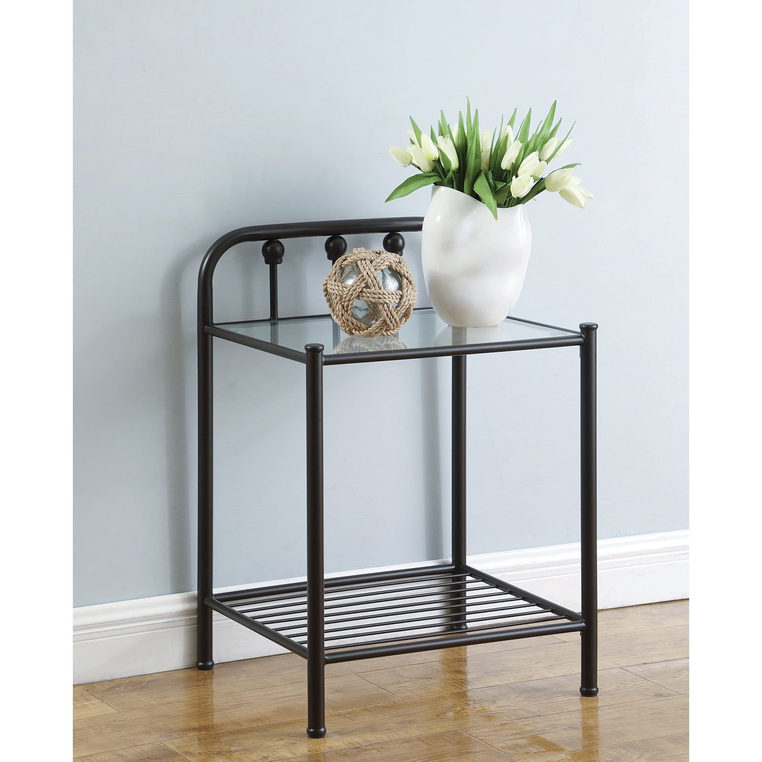 Livingston Dark Bronze 19.75" Glass-Top Nightstand with Linear Motifs