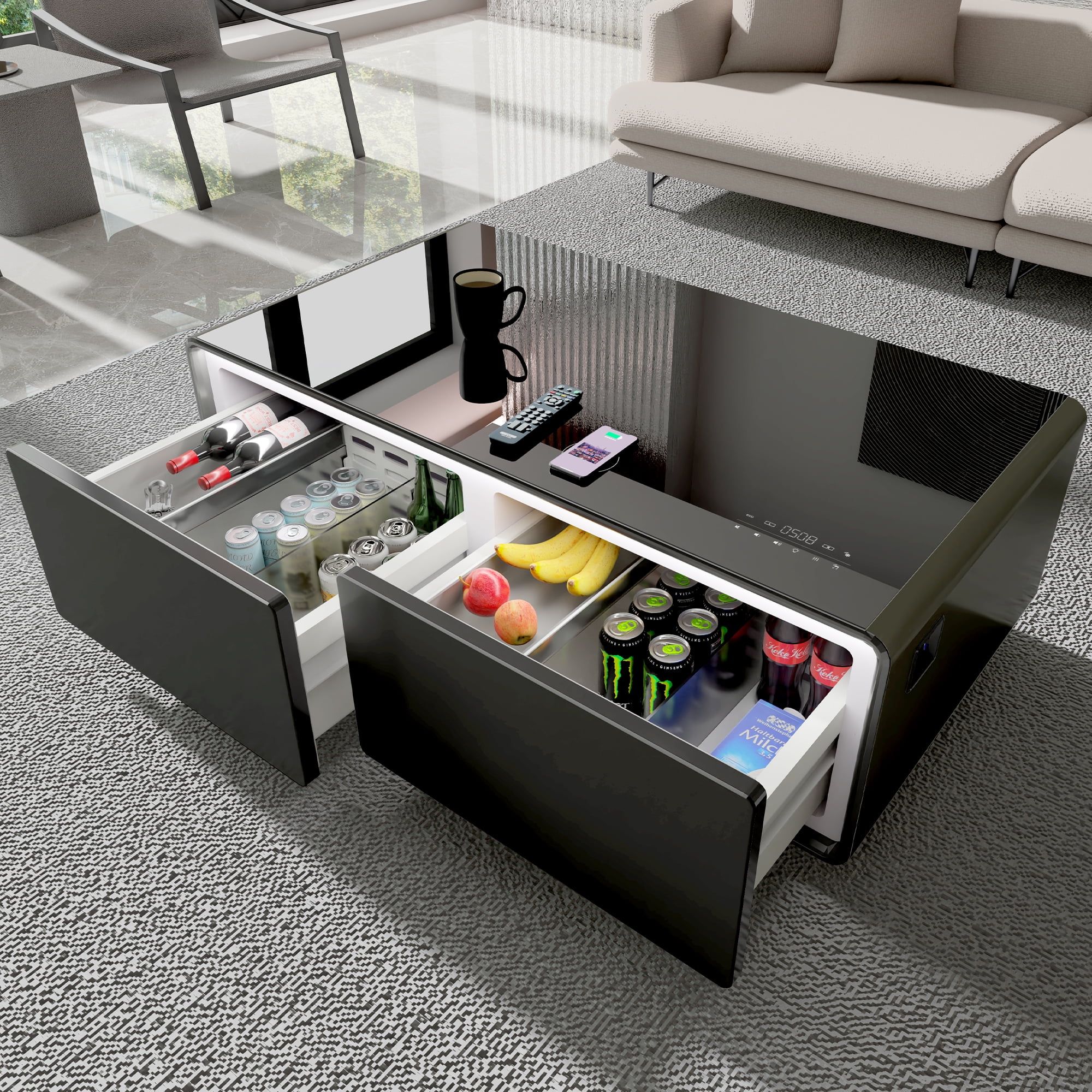 Black High Gloss Smart Coffee Table with Storage and Built-in Fridge