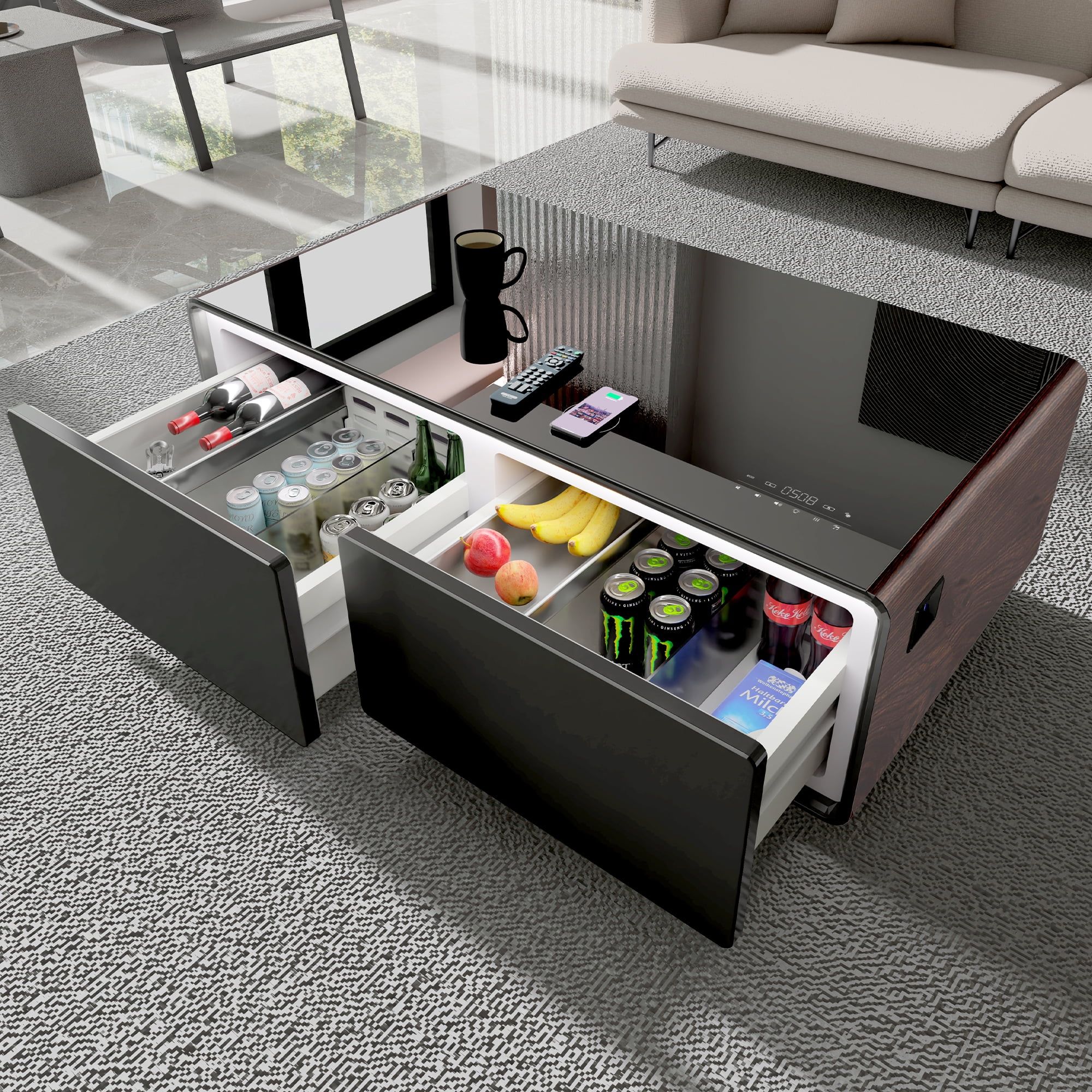 Brown High Gloss Smart Coffee Table with Built-in Fridge and Bluetooth Speakers