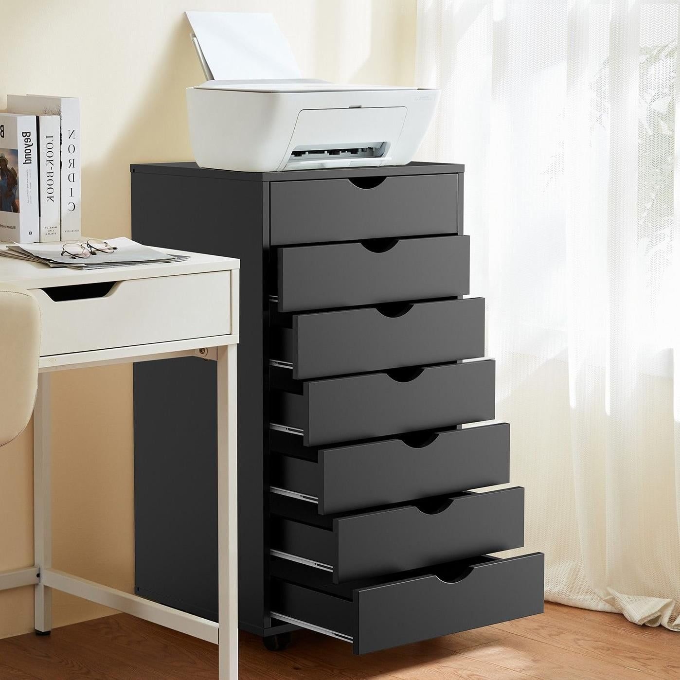 Black Vertical 7-Drawer Wood Storage Dresser with Casters