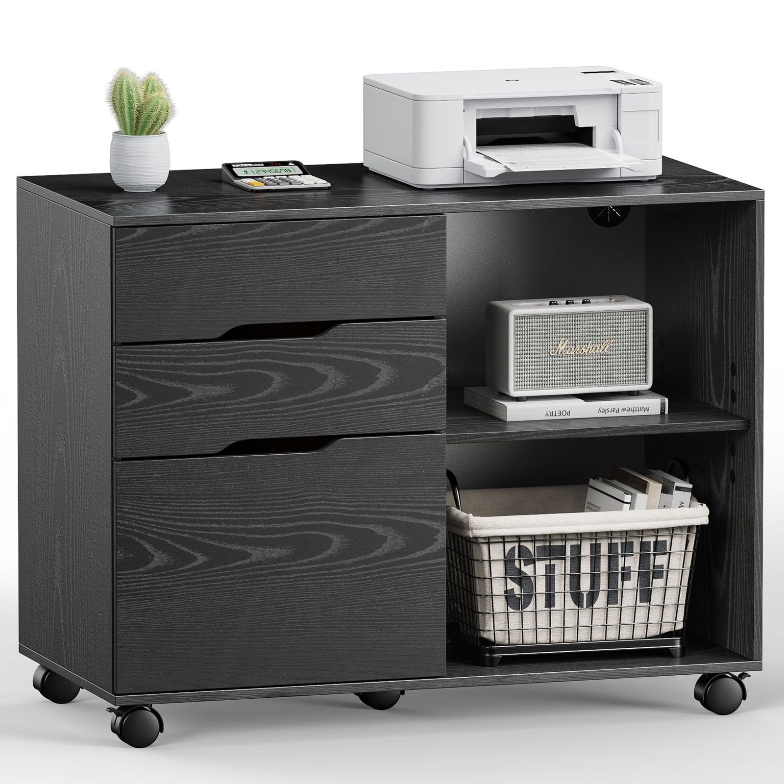 Black Wood 3-Drawer Mobile Filing Cabinet with Open Shelves