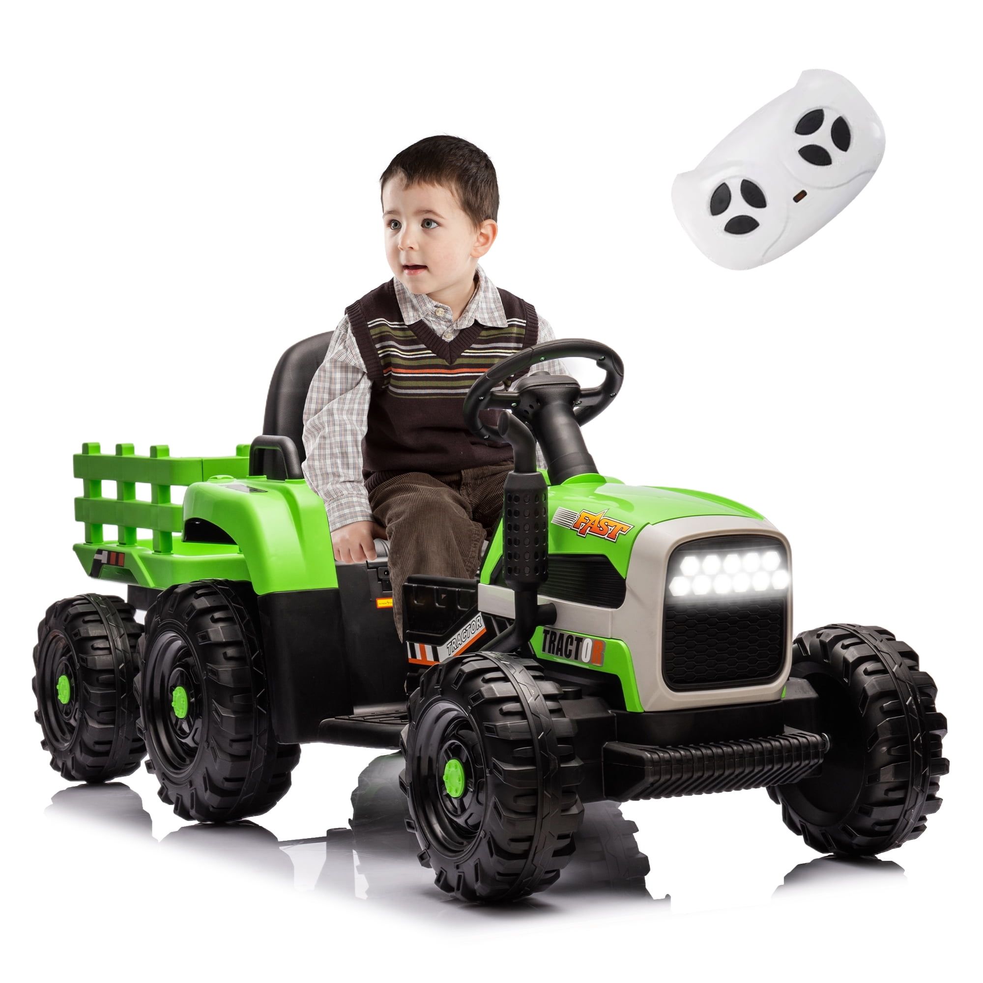 Green 12V Ride-On Tractor with Trailer and Remote Control