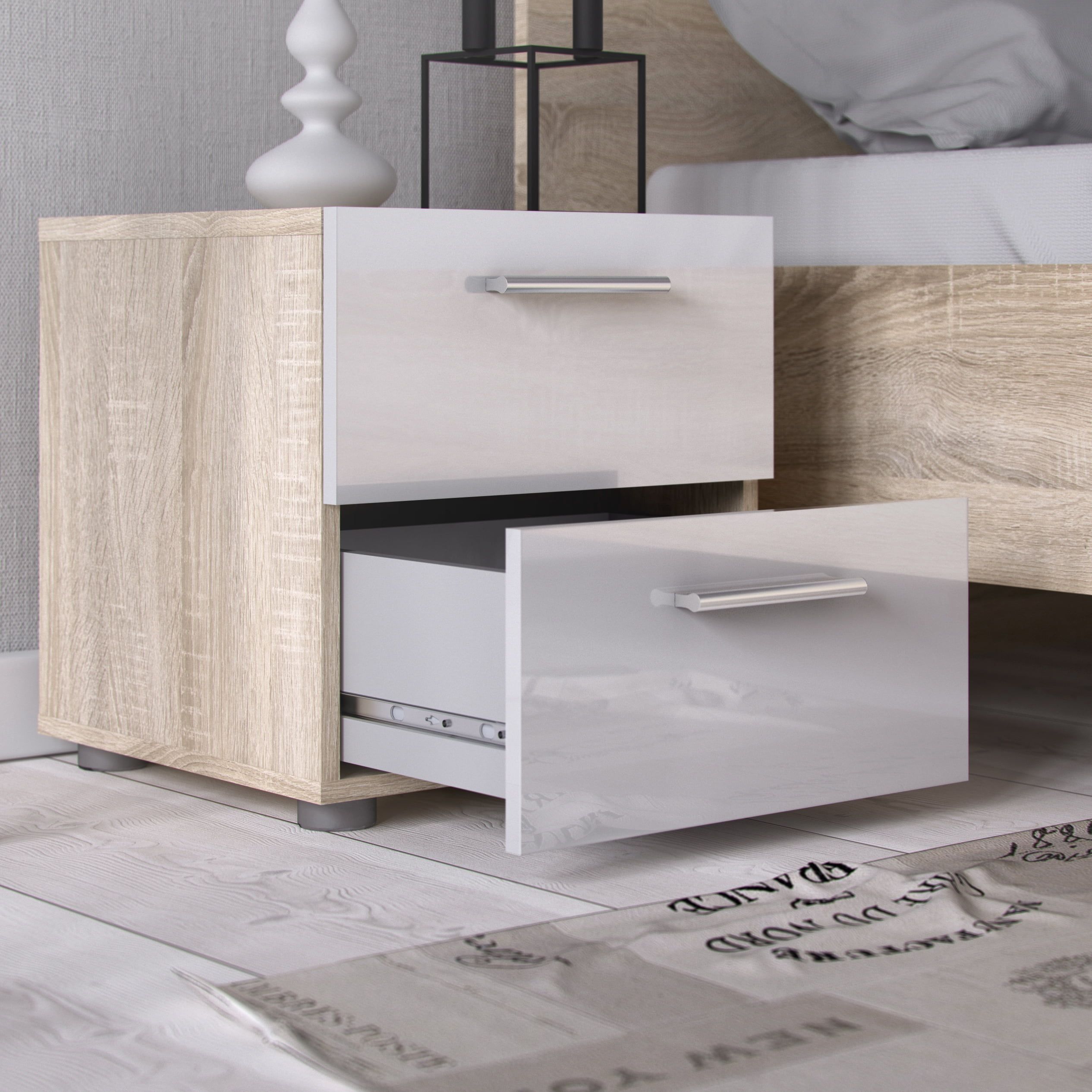 Austin 2-Drawer Oak and White High Gloss Nightstand