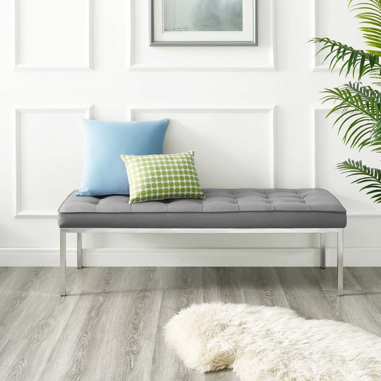 Silver Gray Tufted Faux Leather Bench with Stainless Steel Legs