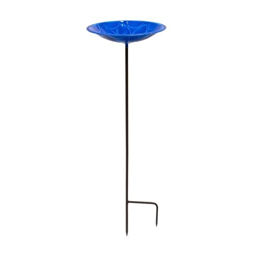 Blue Enameled Glass Birdbath with Iron Stake