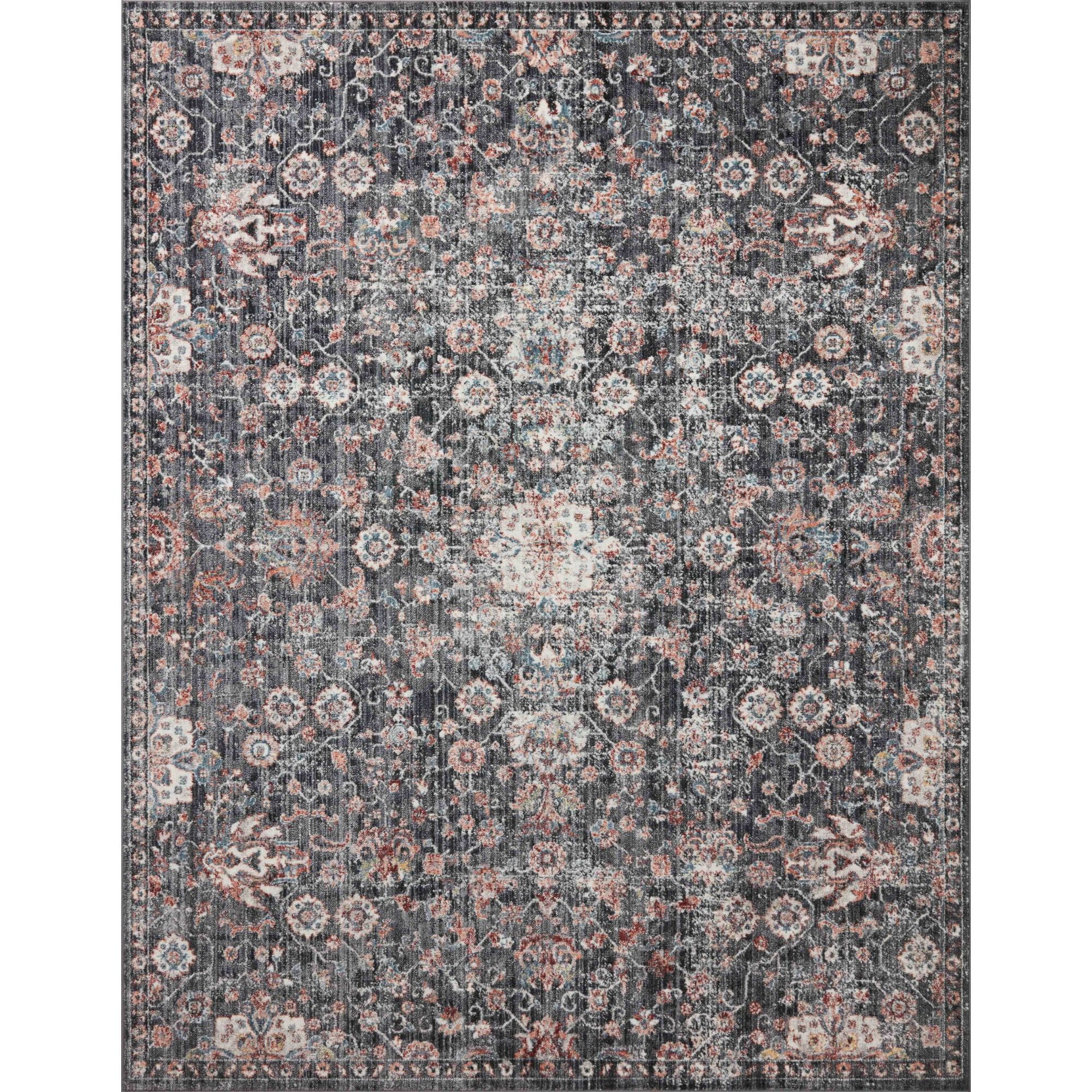Charcoal and Rust Floral Pattern Synthetic Runner Rug