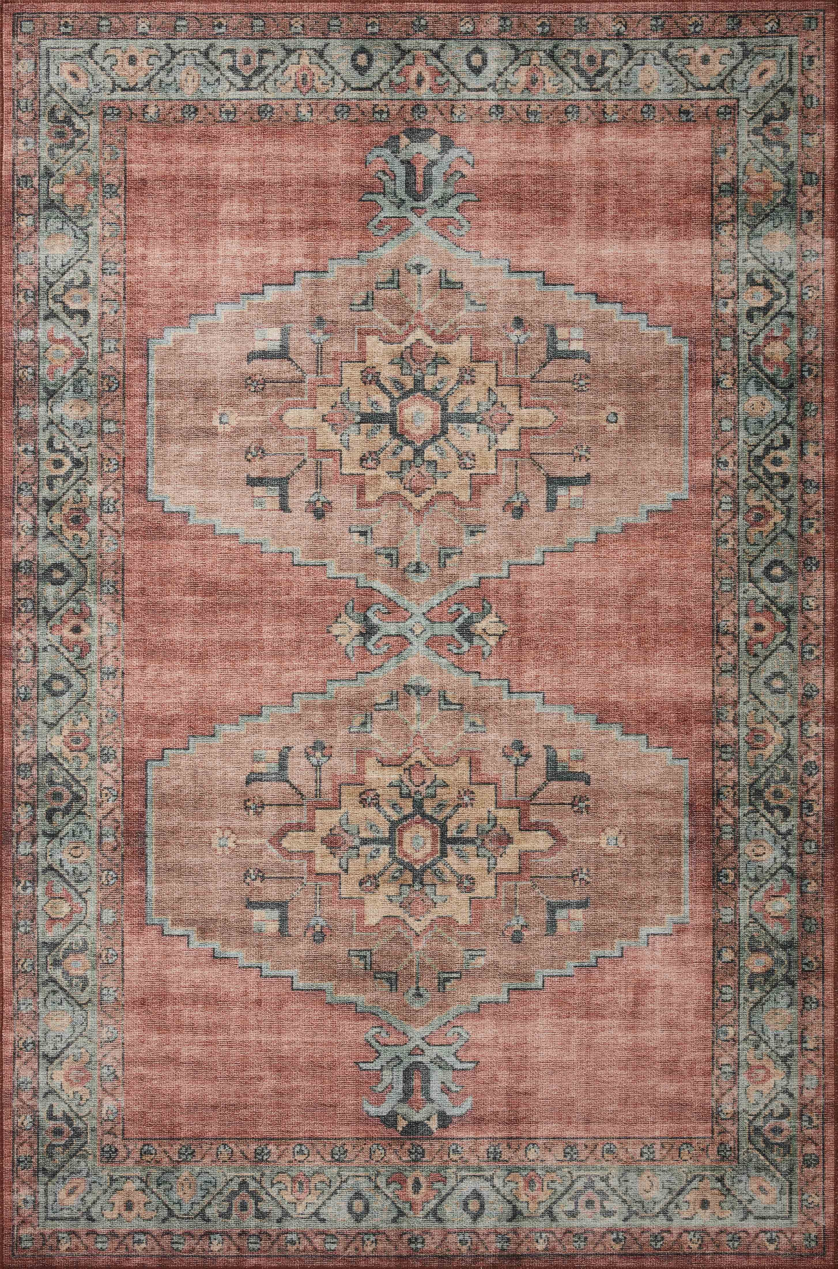 Red and Aqua Medallion Synthetic Rectangular Rug, 2' x 5'