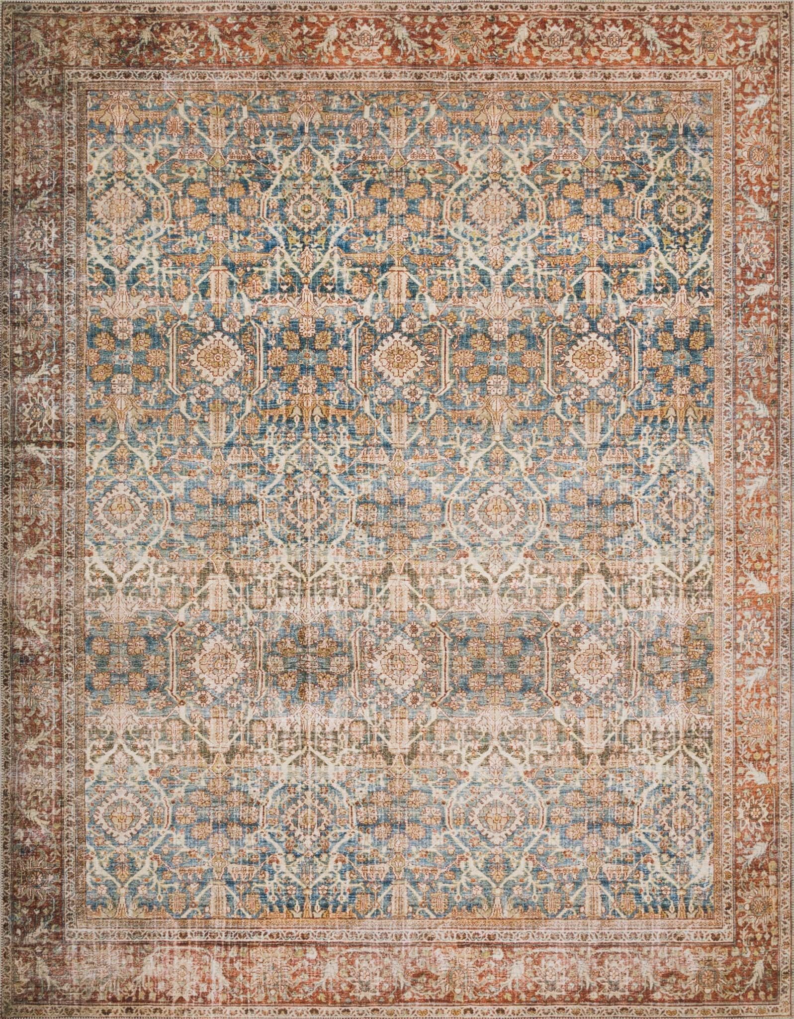 Layla Blue and Rust Synthetic Vintage Area Rug